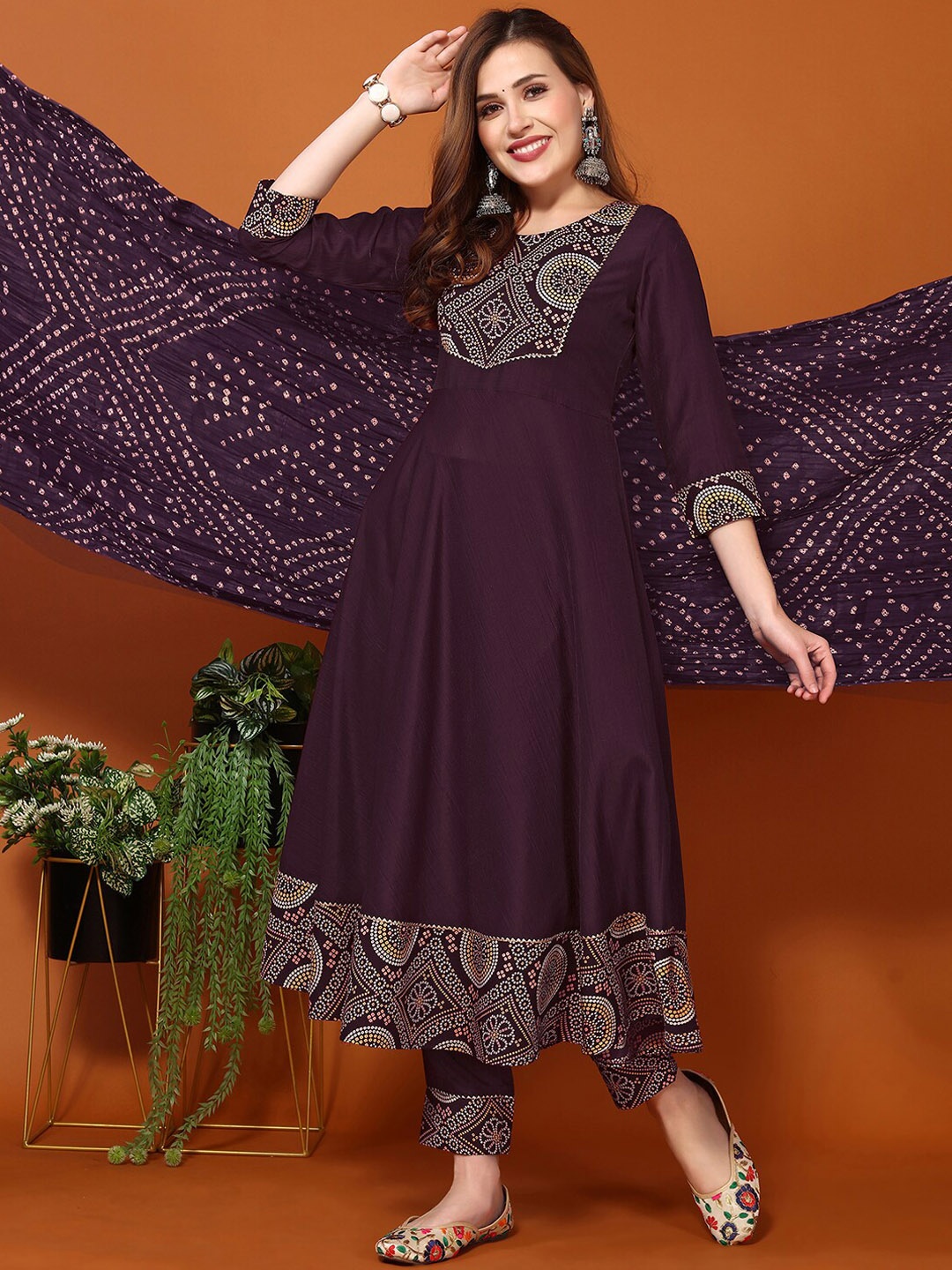 

KALINI Bandhani Printed Anarkali Kurta with Trousers & Dupatta, Purple