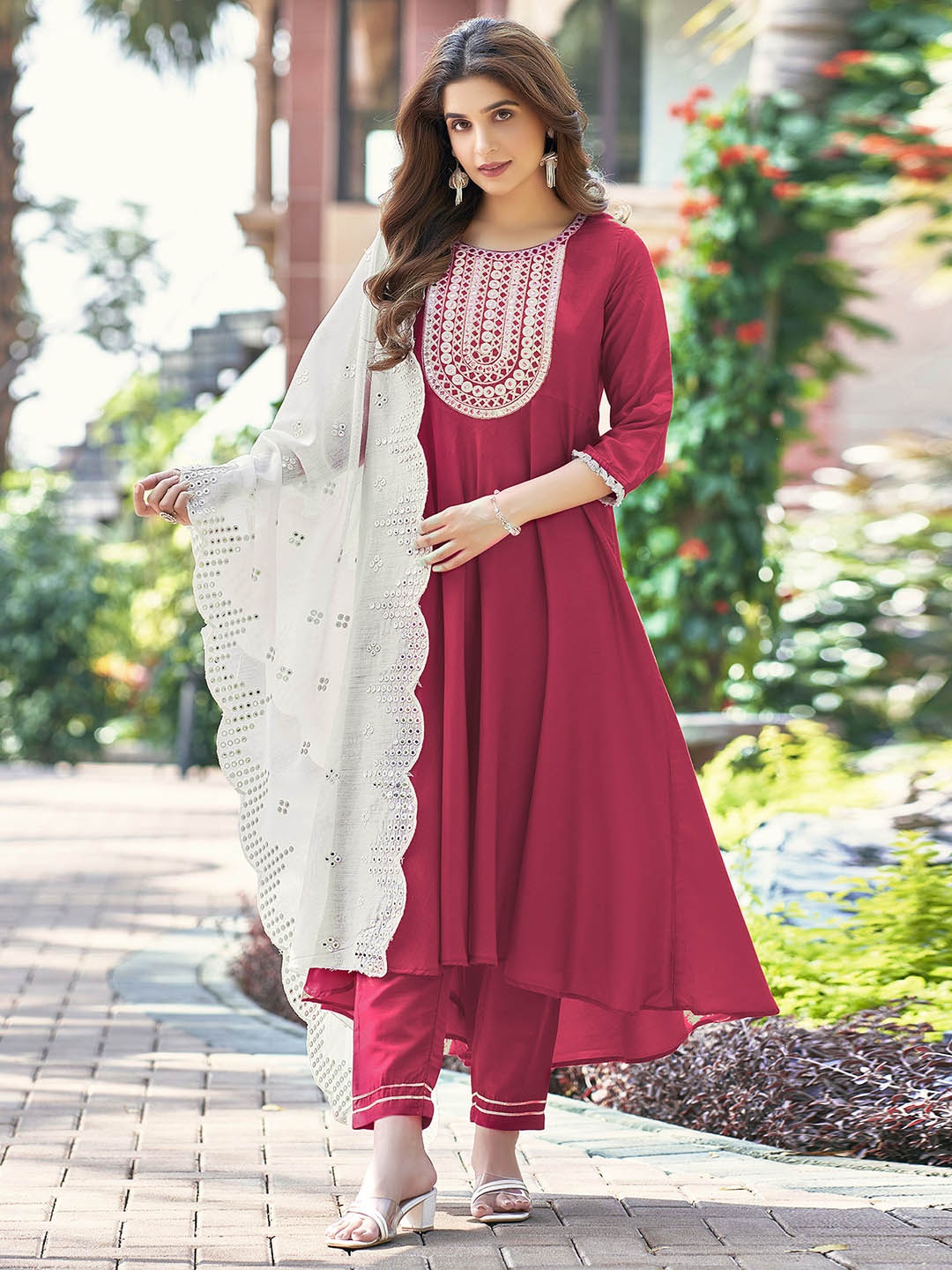 

KALINI Ethnic Motifs Yoke Design Regular Kurta with Trousers & Dupatta, Pink