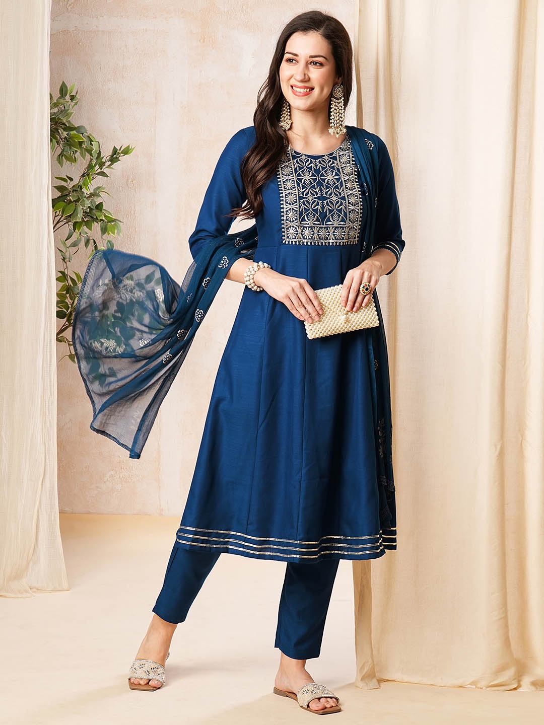 

KALINI Yoke Design Empire Thread Work Kurta with Trousers & Dupatta, Navy blue