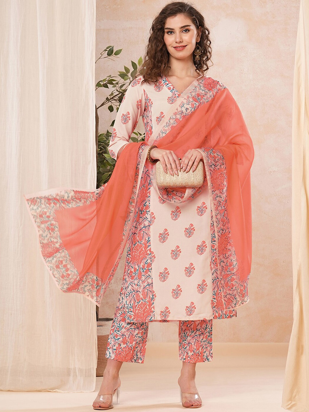 

KALINI Floral Printed Regular Kurta with Trousers & Dupatta, Peach