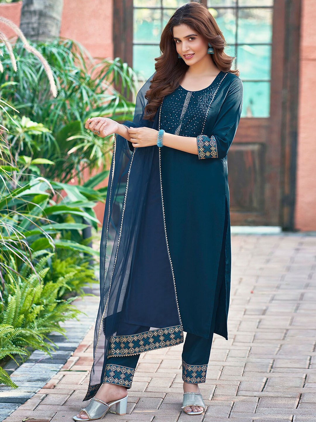 

KALINI Yoke Design Sequinned Kurta with Trousers & Dupatta, Blue