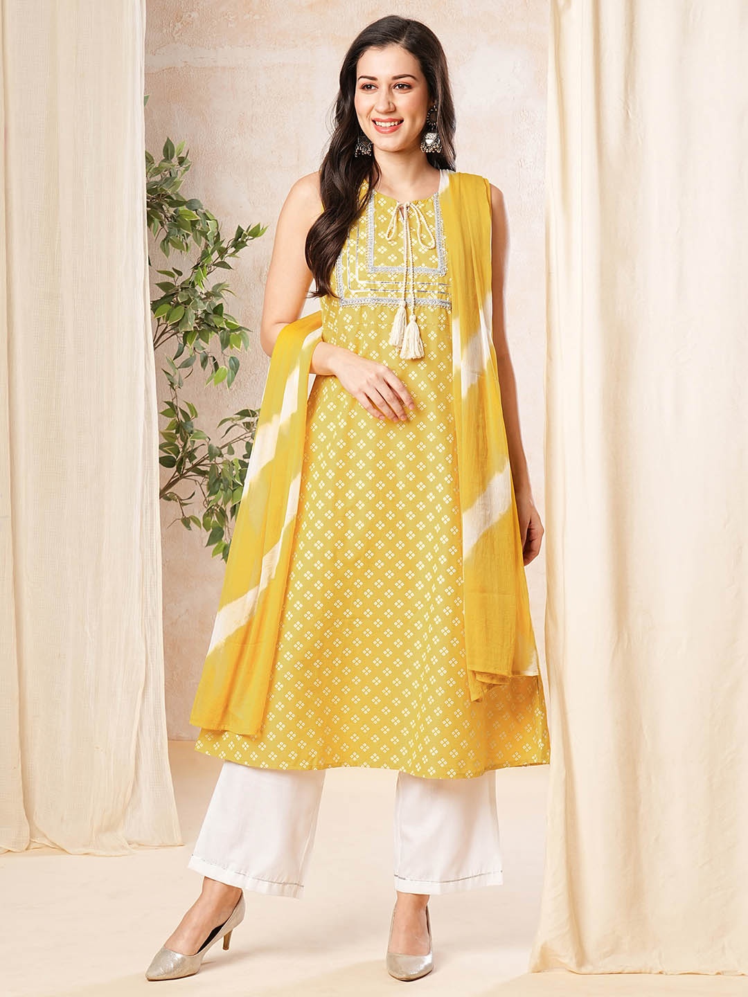 

KALINI Bandhani Printed Empire Gotta Patti Kurta With Palazzos & Dupatta, Yellow