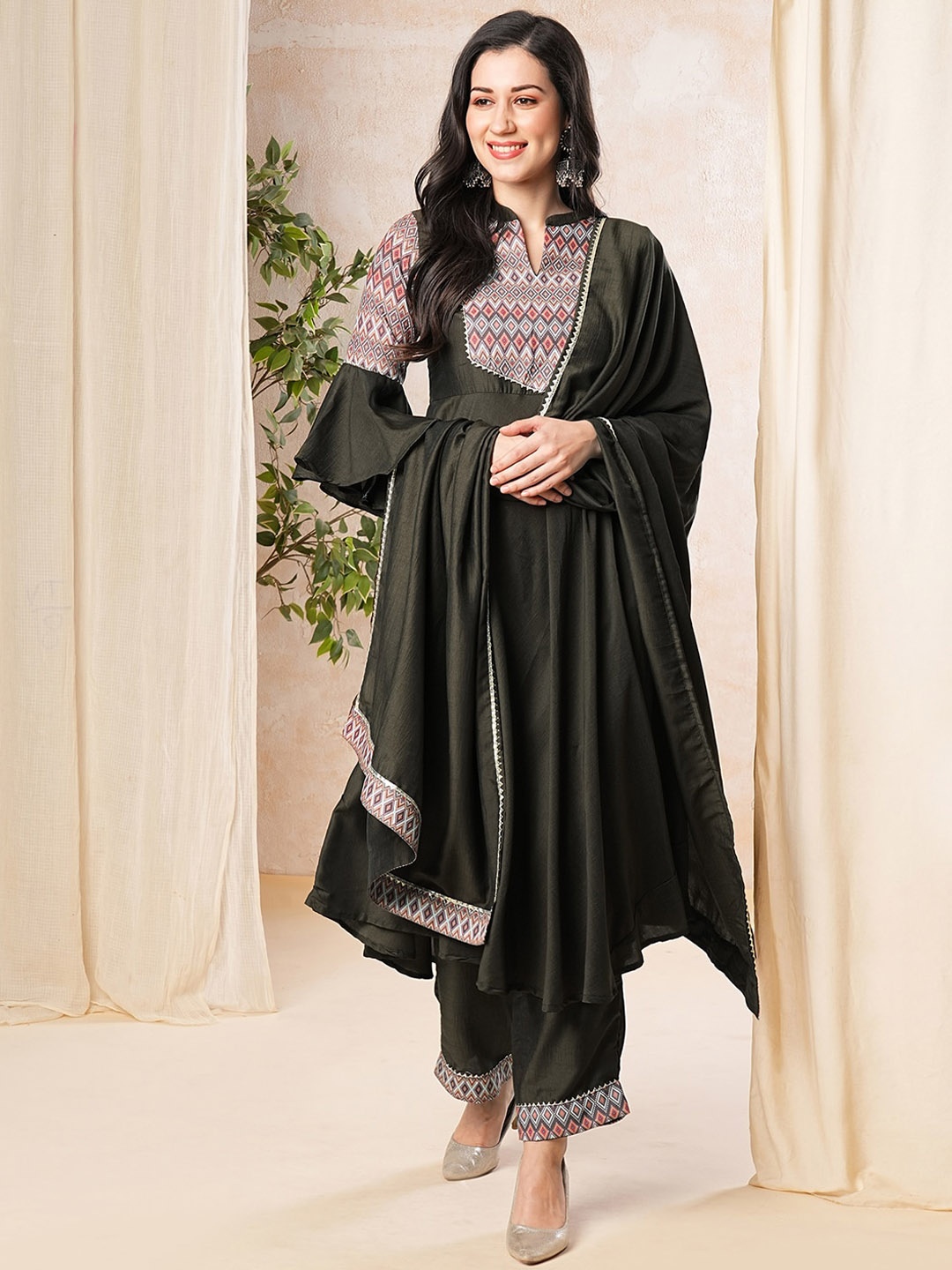 

KALINI Yoke Design Regular Kurta With Palazzos & Dupatta, Olive