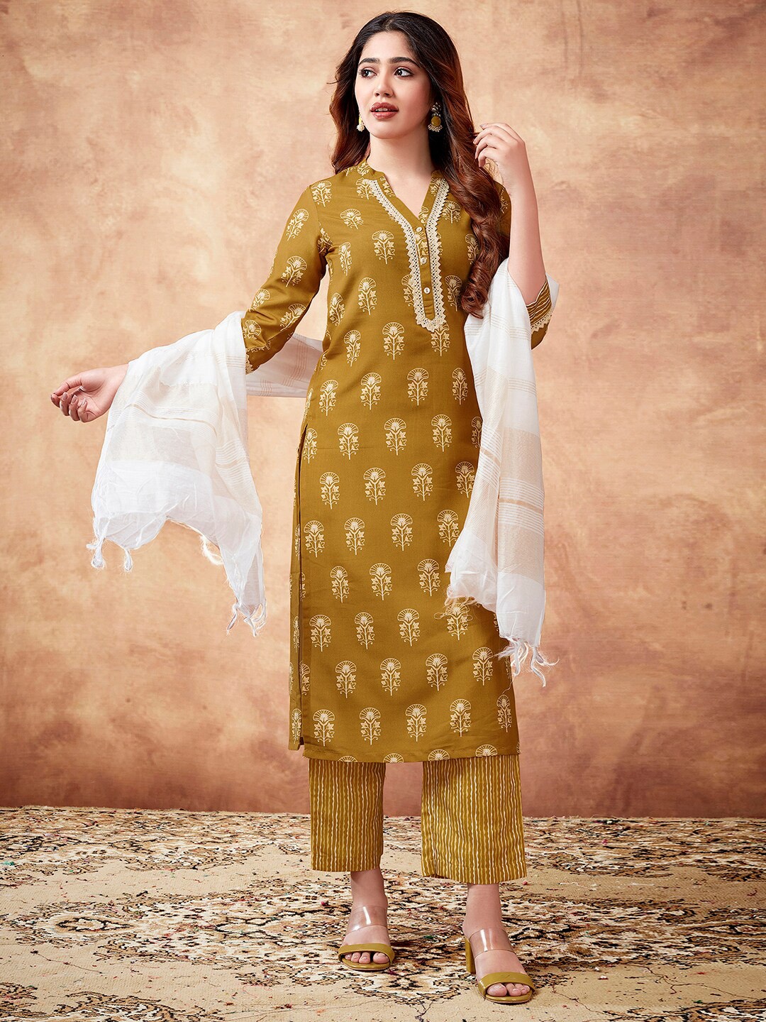 

SKYLEE Yellow Floral Printed Regular Kurta With Palazzos & Dupatta