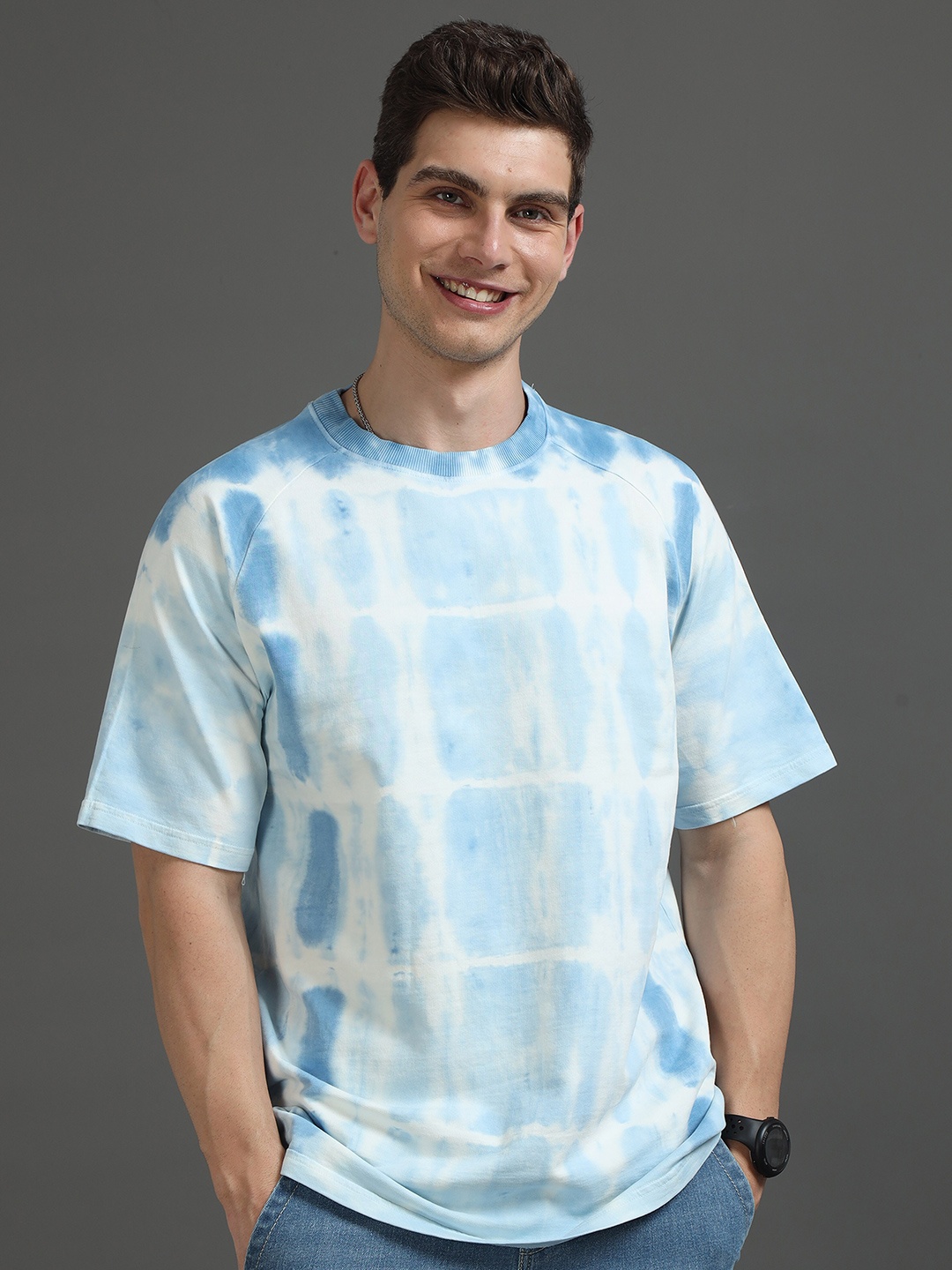 

SILISOUL Round Neck Dyed Pure Cotton Oversized T-shirt, Blue