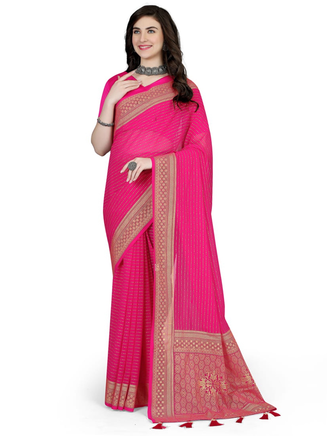 

Marabout Striped Woven Design Zari Banarasi Saree, Pink