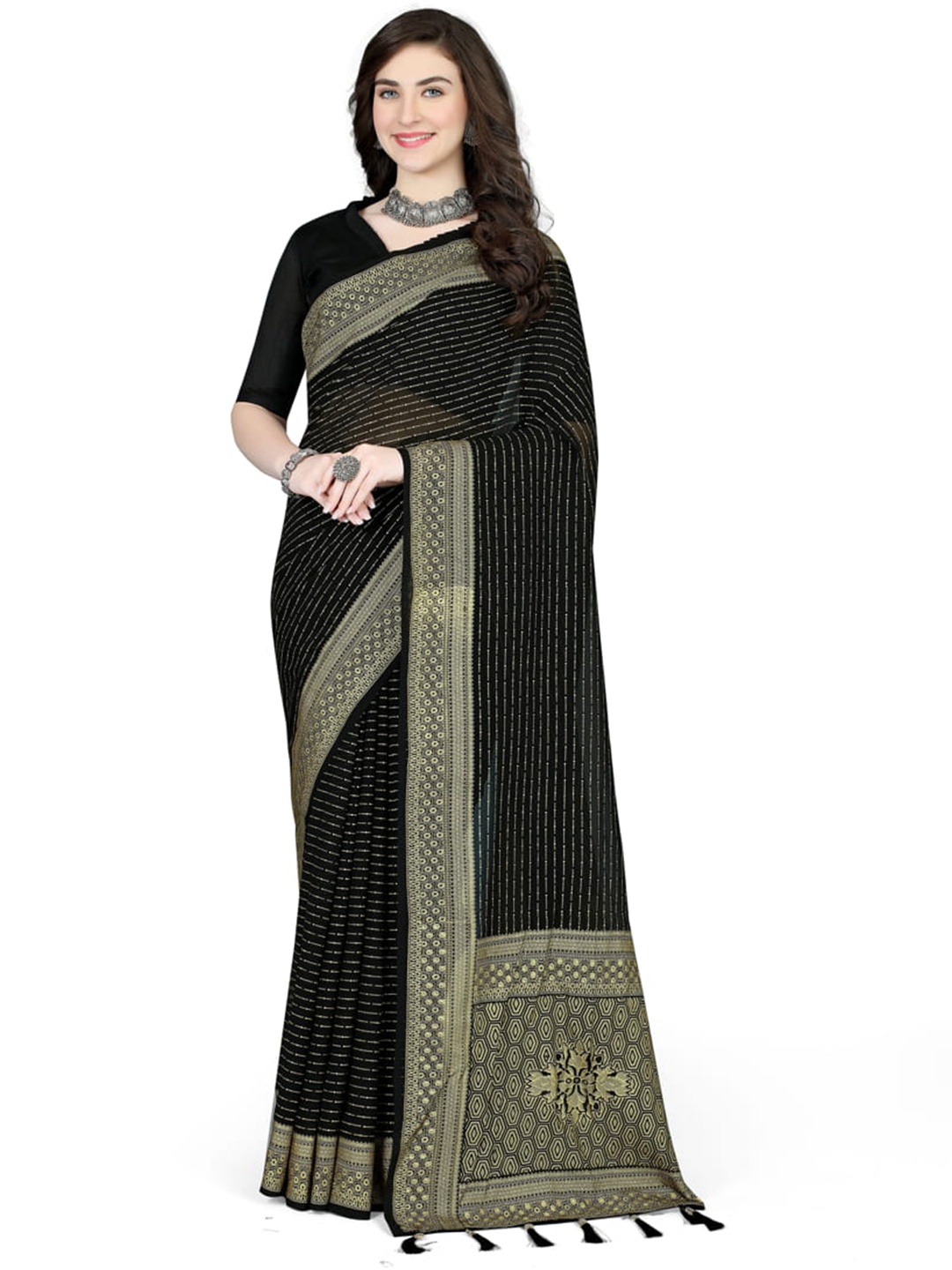 

Marabout Striped Embellished Zari Banarasi Saree, Black