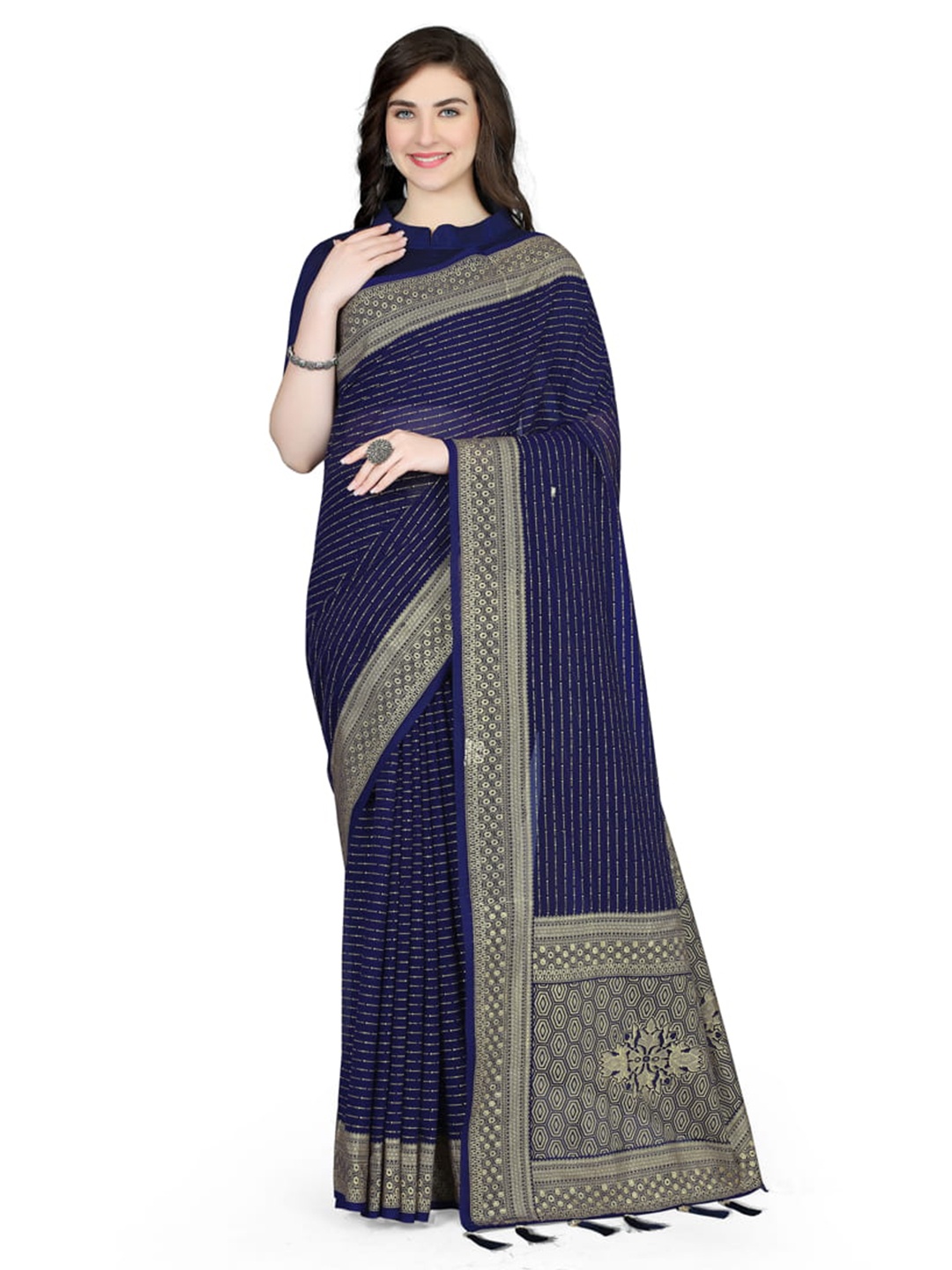 

Marabout Striped Embellished Banarasi Saree, Blue