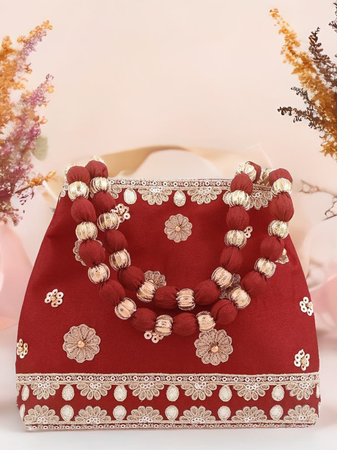 

MASQ Embellished Embroidered Potli Clutch, Maroon