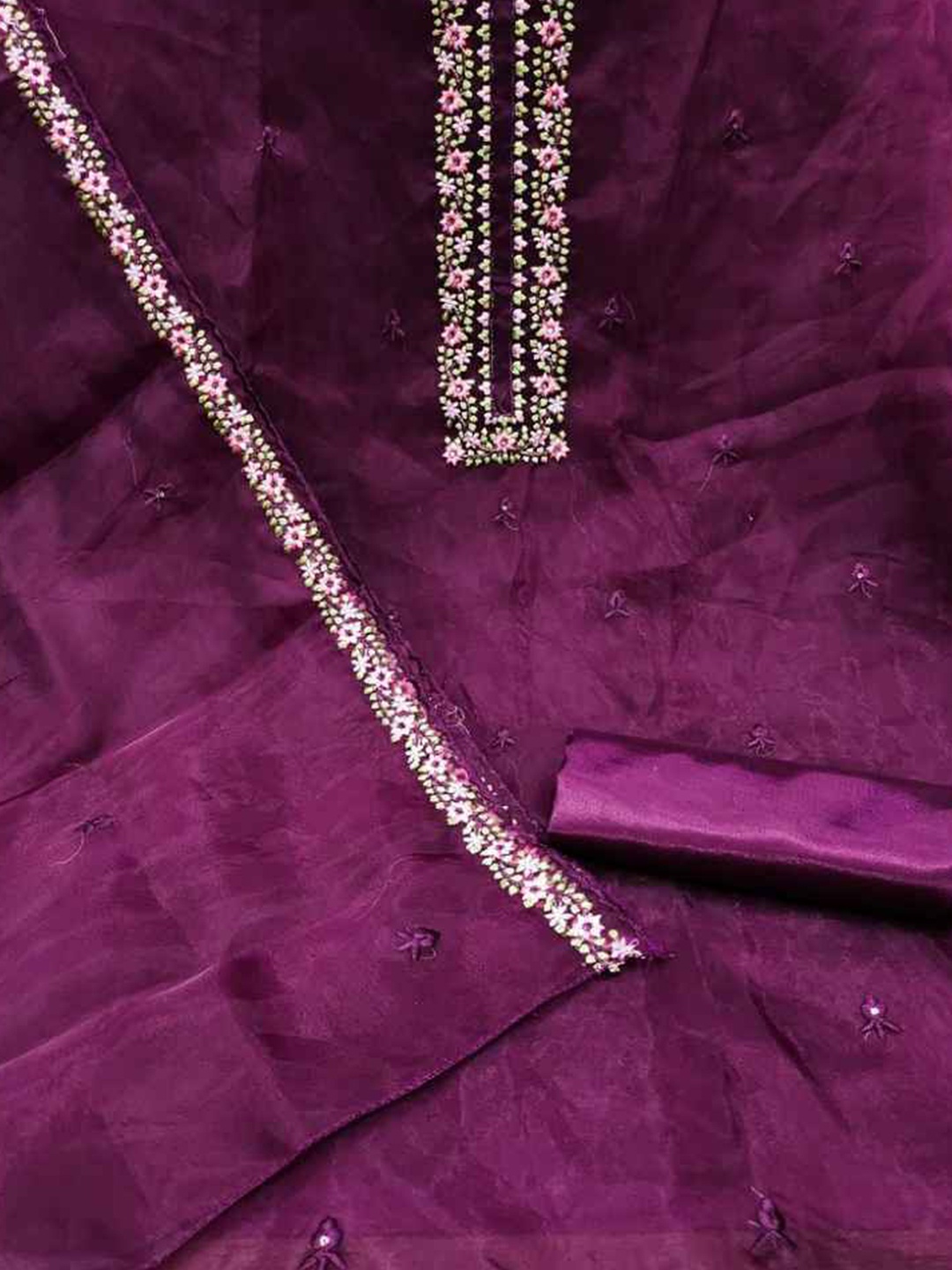 

faxofab Embroidered Organza Unstitched Dress Material, Purple