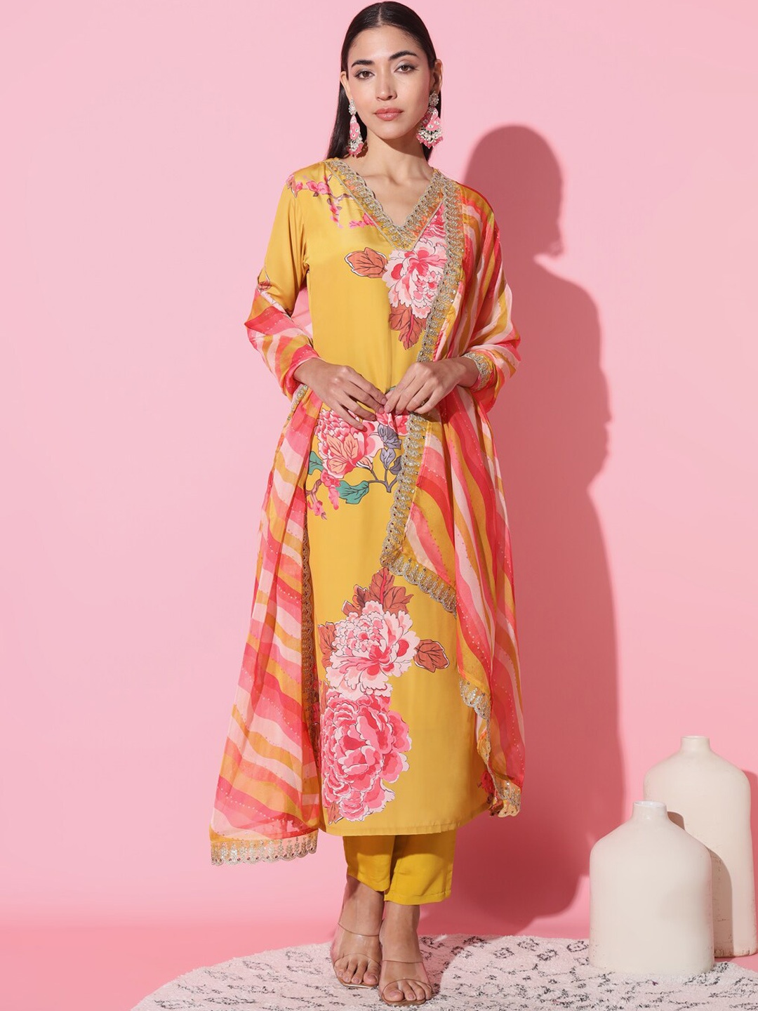 

THE52 Floral Embroidered V-Neck Straight Kurta With Trousers & Dupatta, Yellow