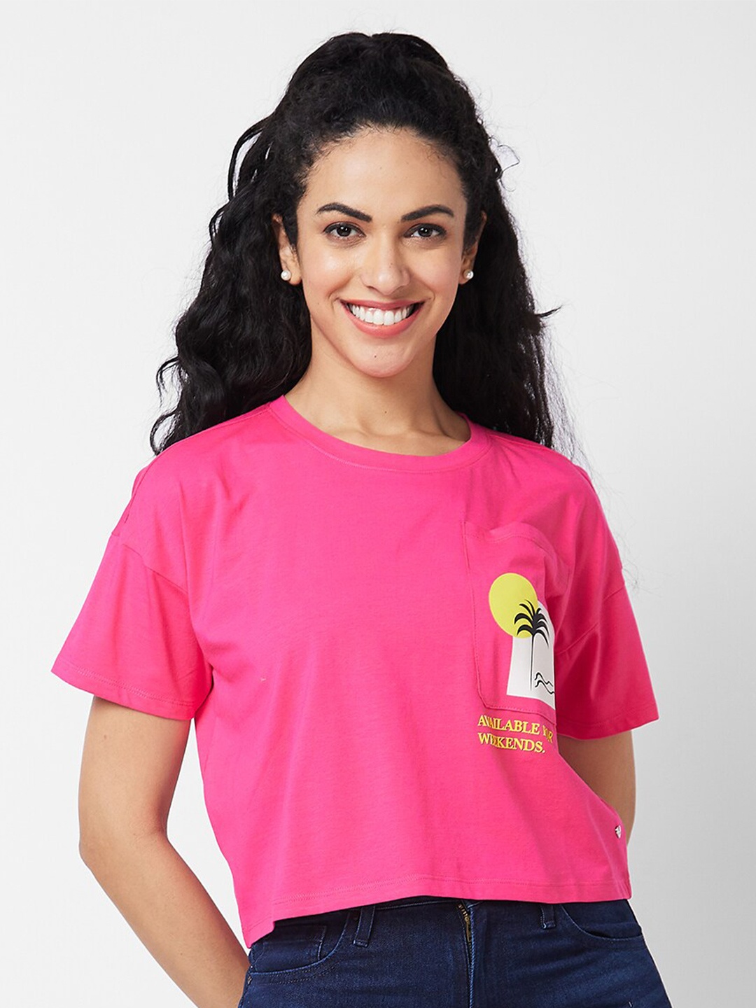 

SPYKAR Graphic Printed Round Neck Cotton Pocket Boxy T-shirt, Pink