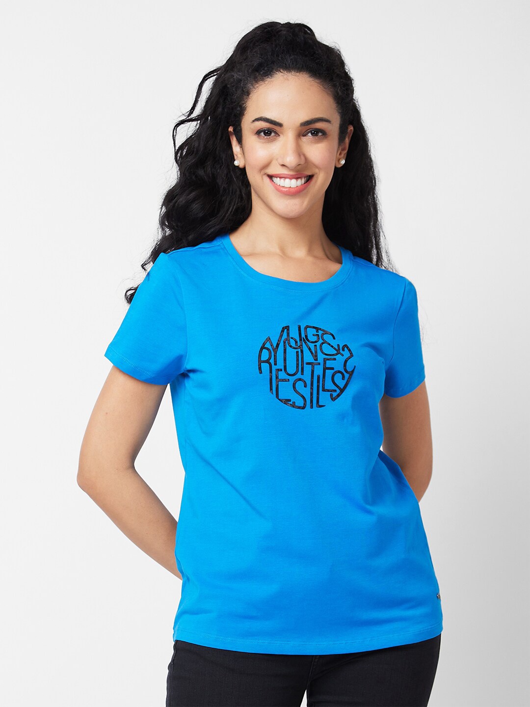 

SPYKAR Typography Printed Round Neck Cotton T-shirt, Blue
