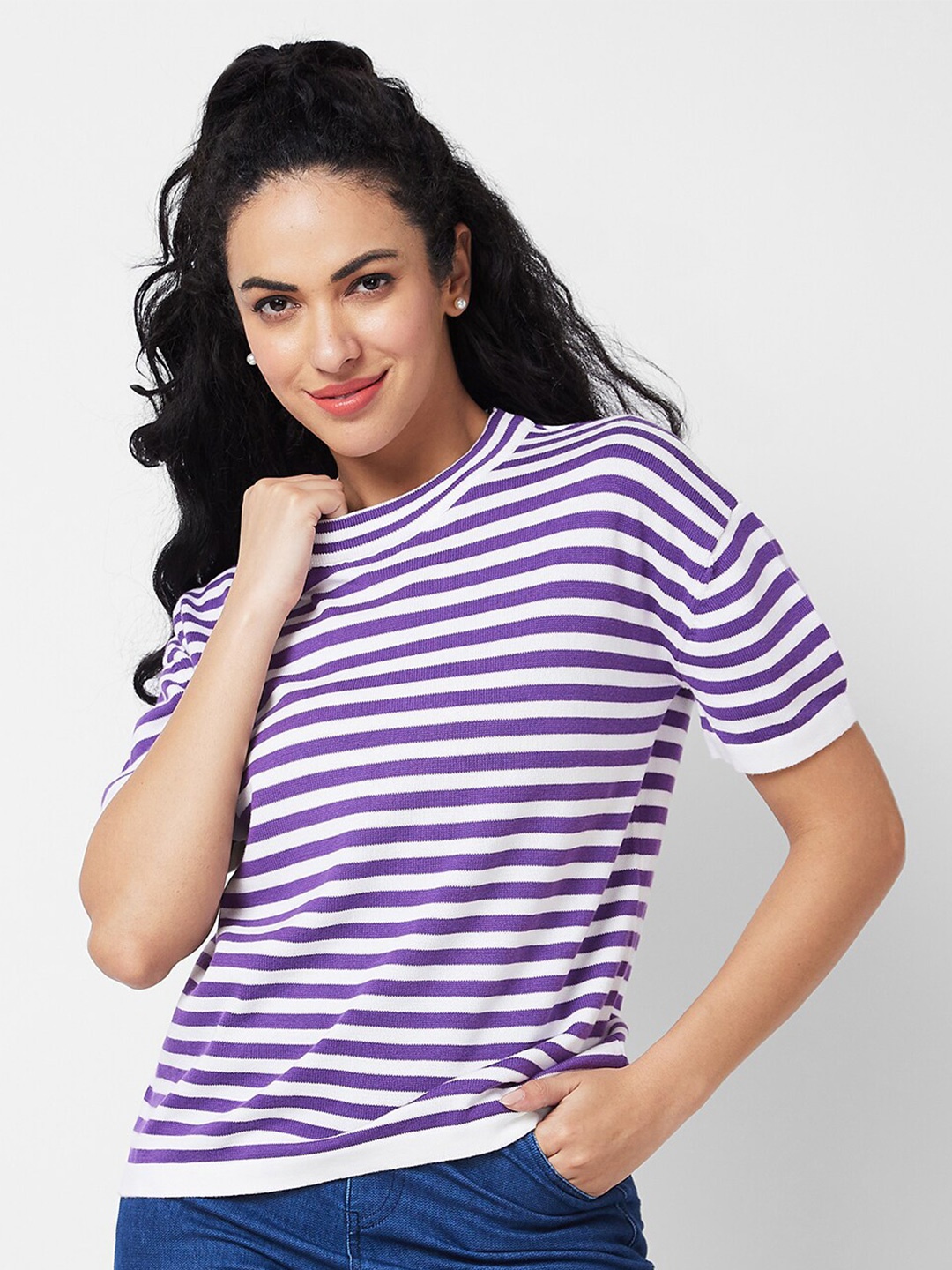 

SPYKAR Striped V-Neck Boxy Cotton T-shirt, Purple