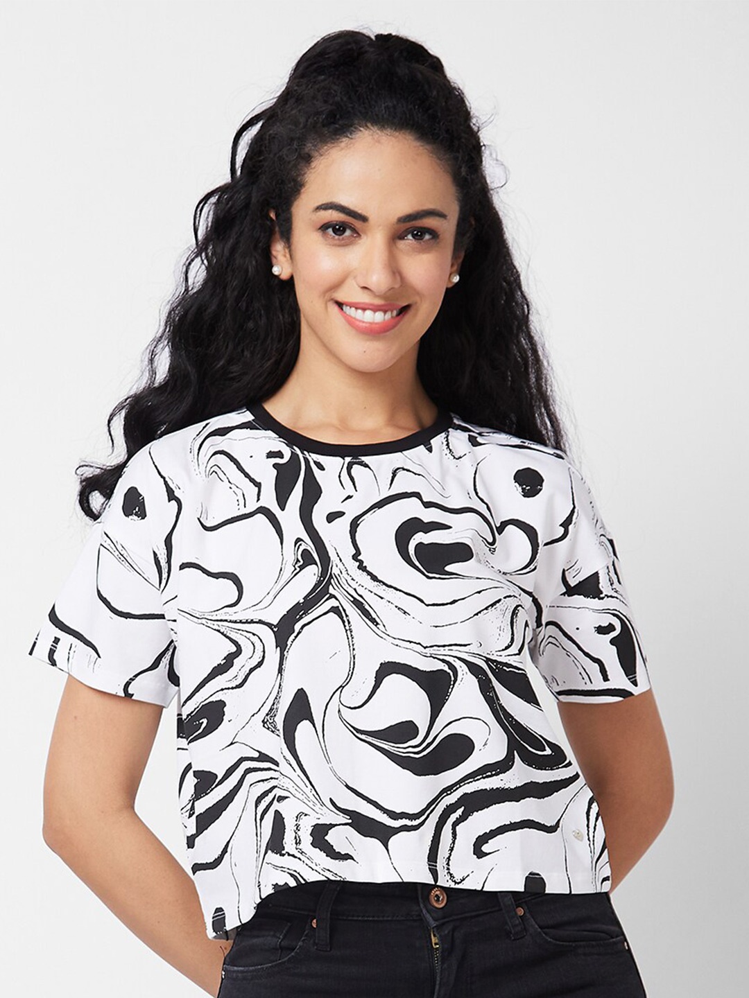 

SPYKAR Abstract Printed Round Neck Cotton Boxy T-shirt, White