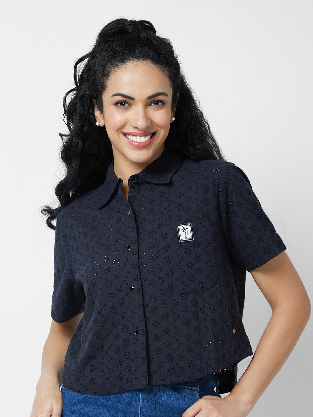 

SPYKAR Women Boxy Opaque Printed Casual Shirt, Black