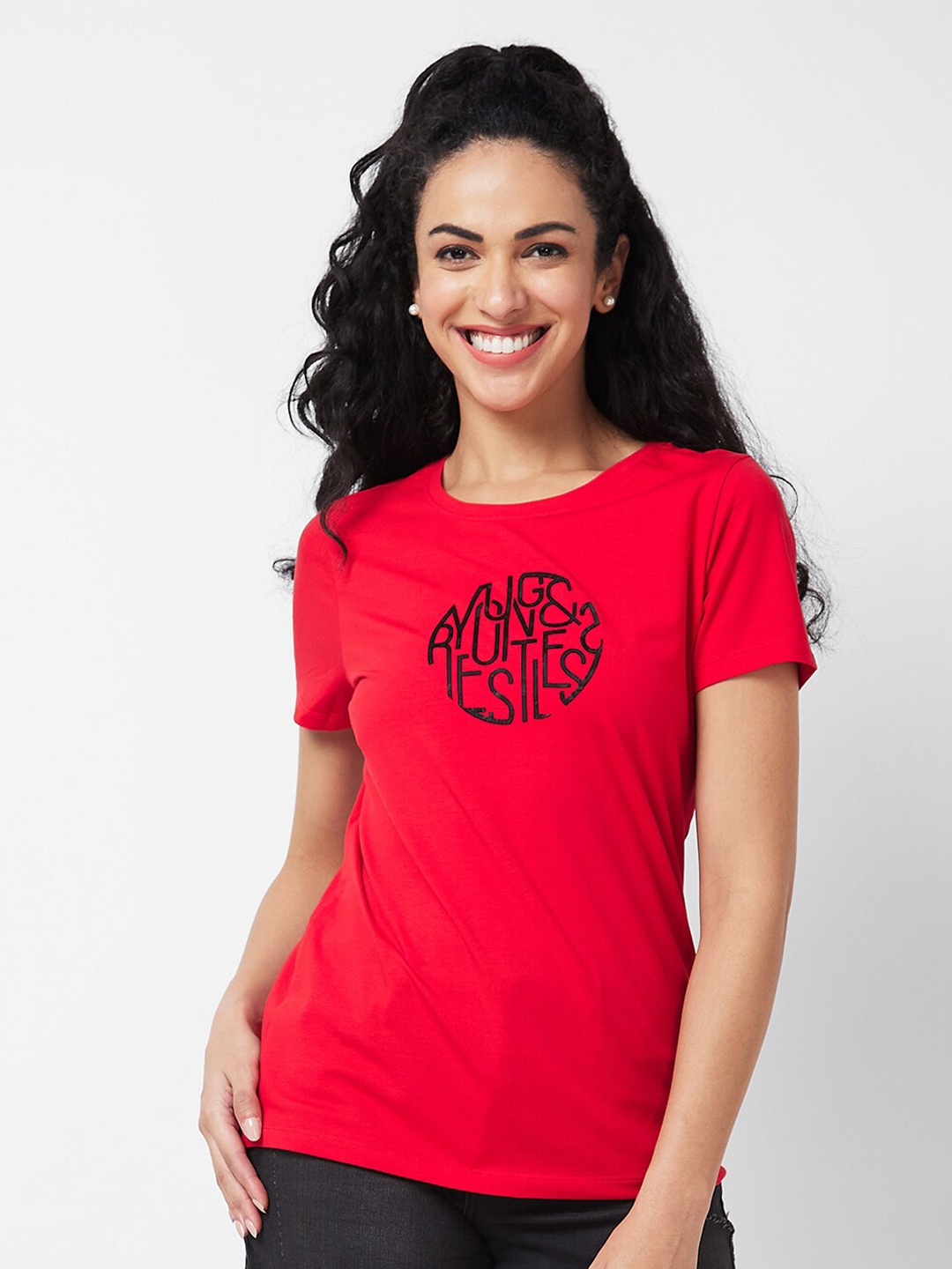 

SPYKAR Typography Printed Round Neck Cotton T-shirt, Red
