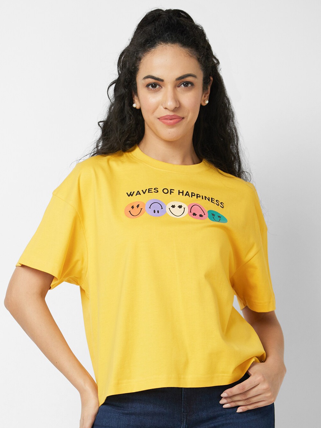 

SPYKAR Typography Printed Round Neck Cotton Oversized T-shirt, Yellow