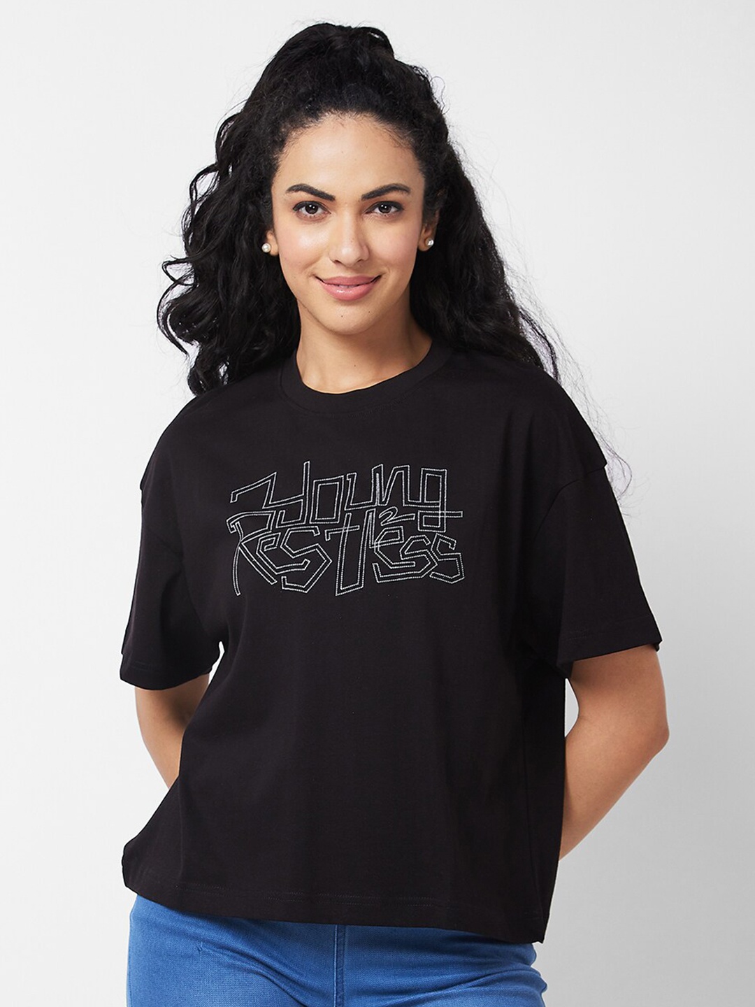 

SPYKAR Typography Printed Cotton T-shirt, Black