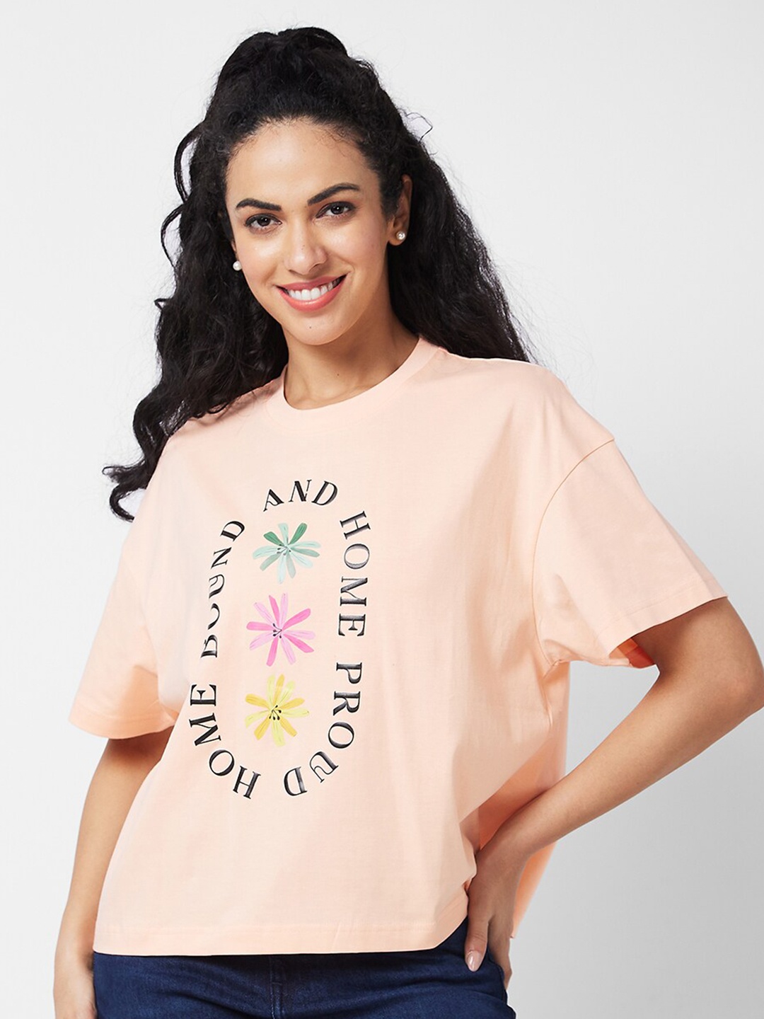 

SPYKAR Typography Printed Round Neck Cotton Oversized T-shirt, Peach