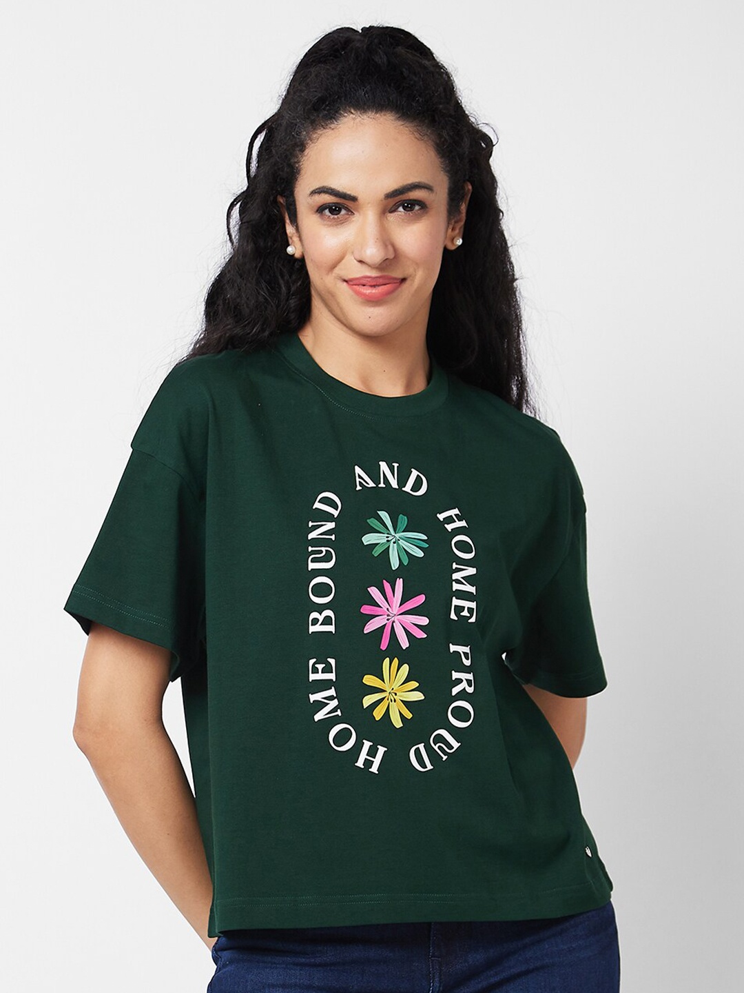 SPYKAR Typography Printed Cotton T-shirt, Green