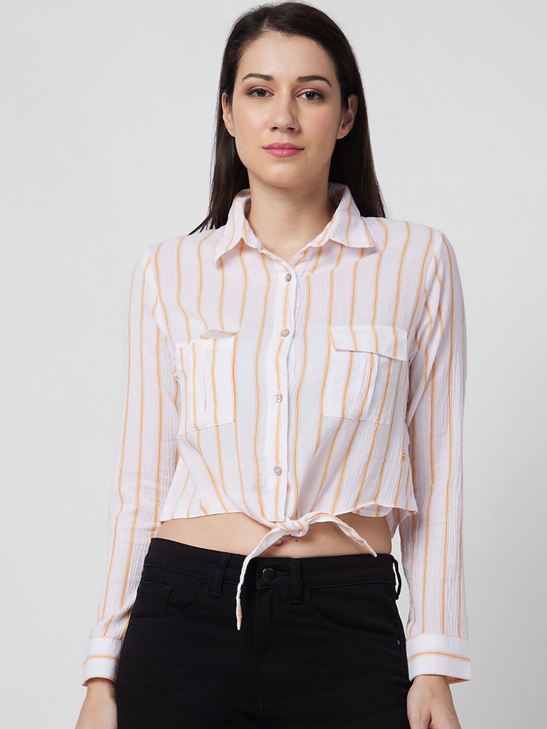 

SPYKAR Women Opaque Striped Casual Shirt, Orange