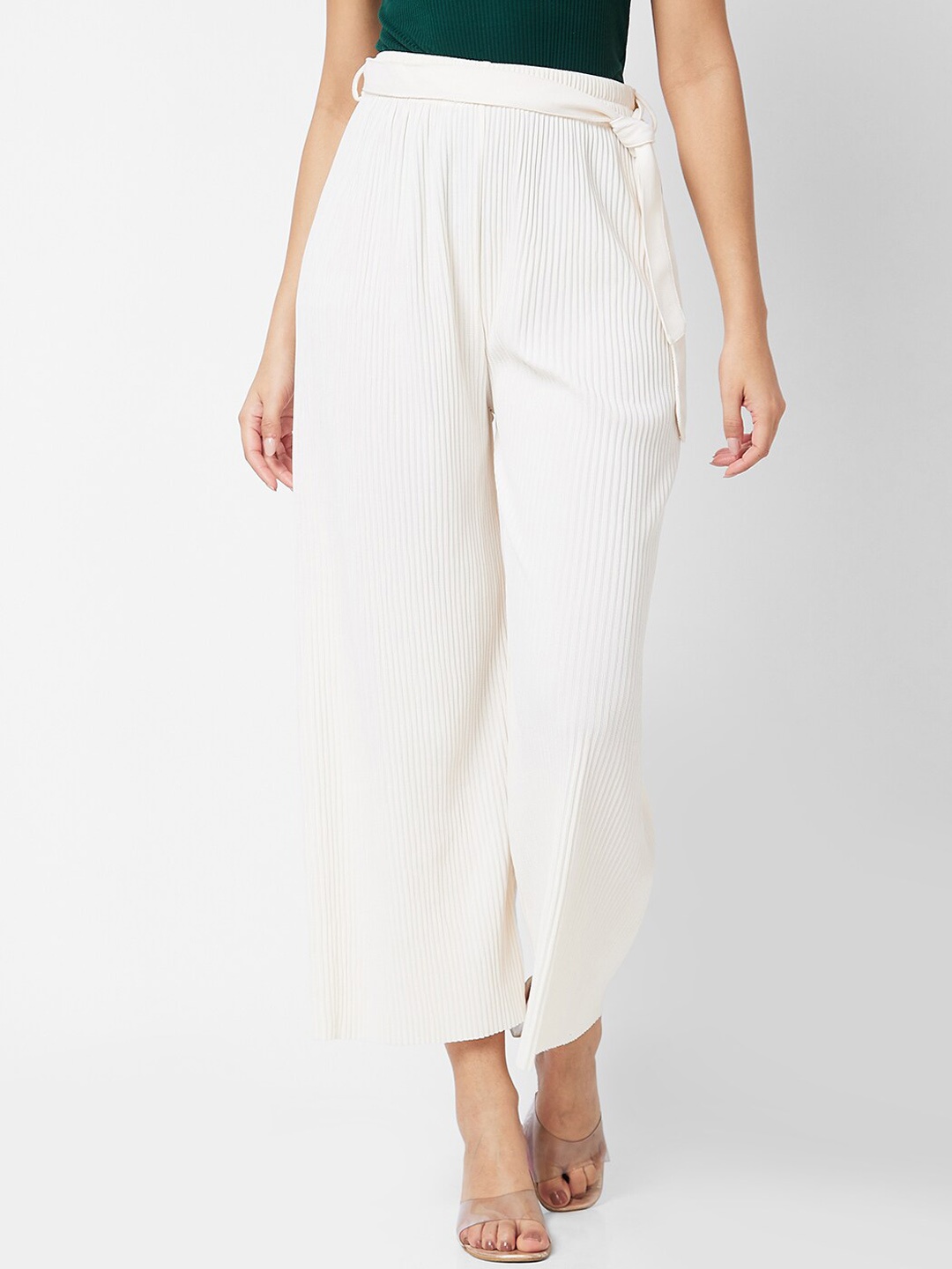 

SPYKAR Self Design High Rise Wide Leg Pleated Regular Trousers, White