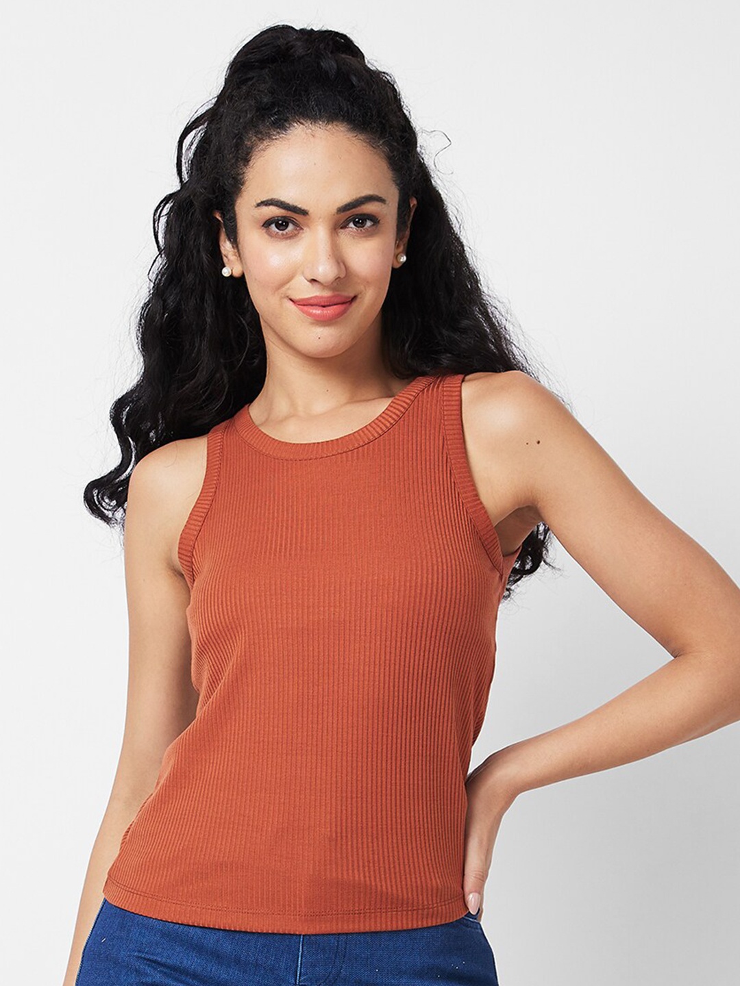 

SPYKAR Round Neck Sleeveless Cotton T-shirt, Brown