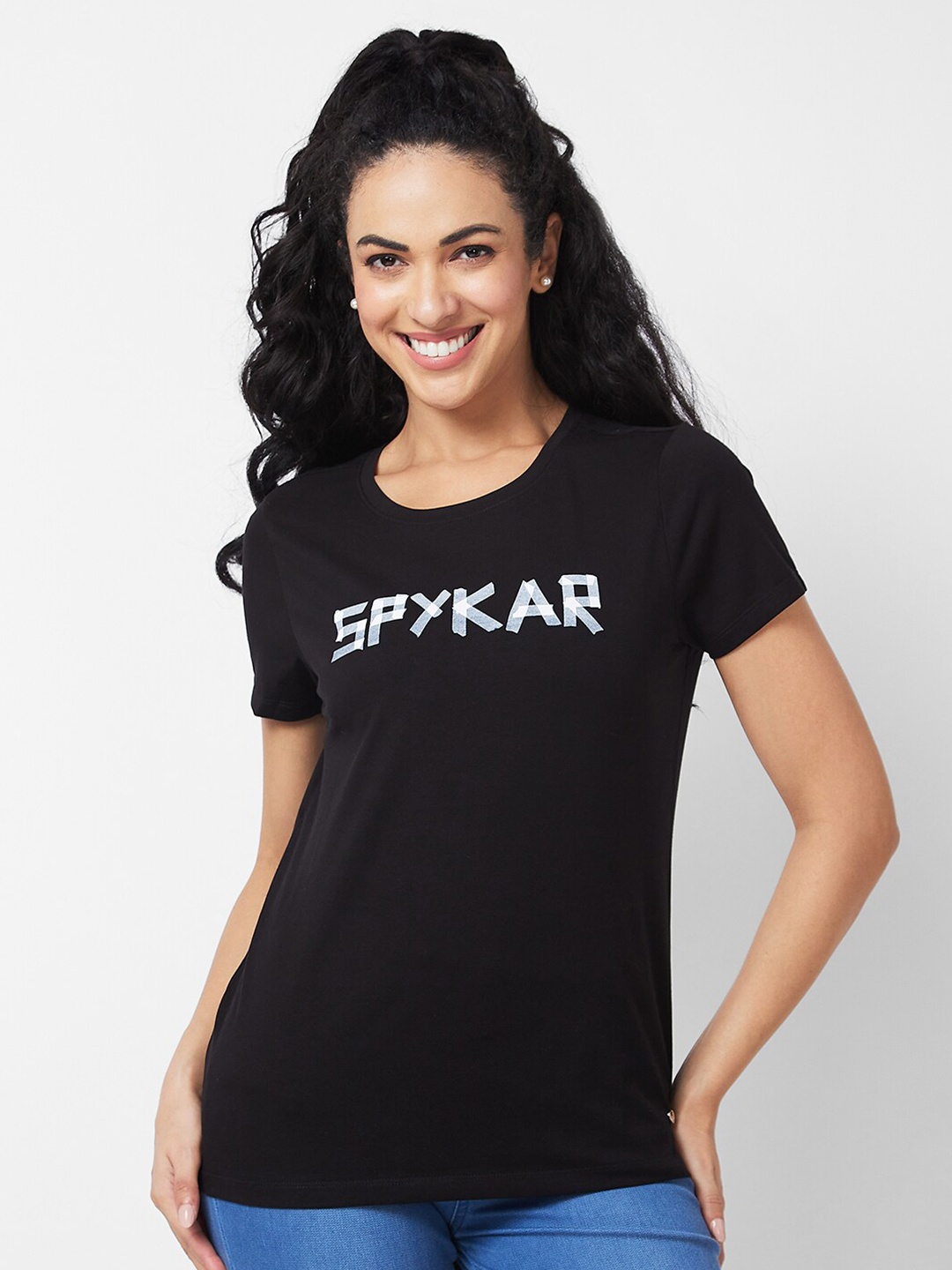 

SPYKAR Typography Printed Round Neck Cotton T-shirt, Black