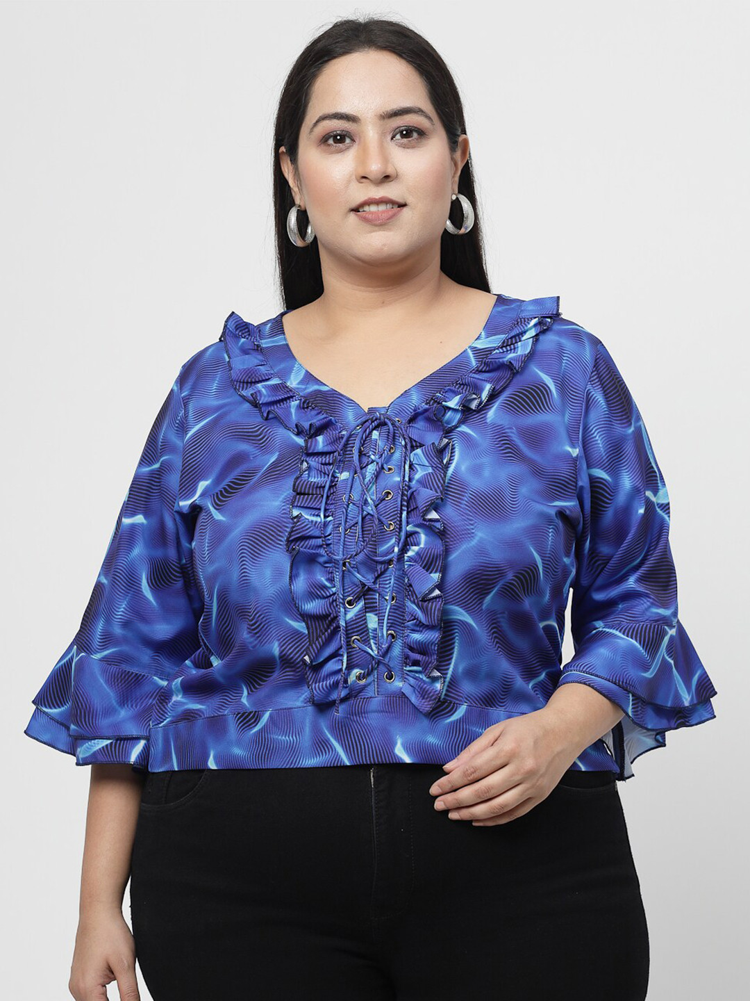 

Flambeur Plus Size Abstract Printed Bell Sleeves Top, Blue