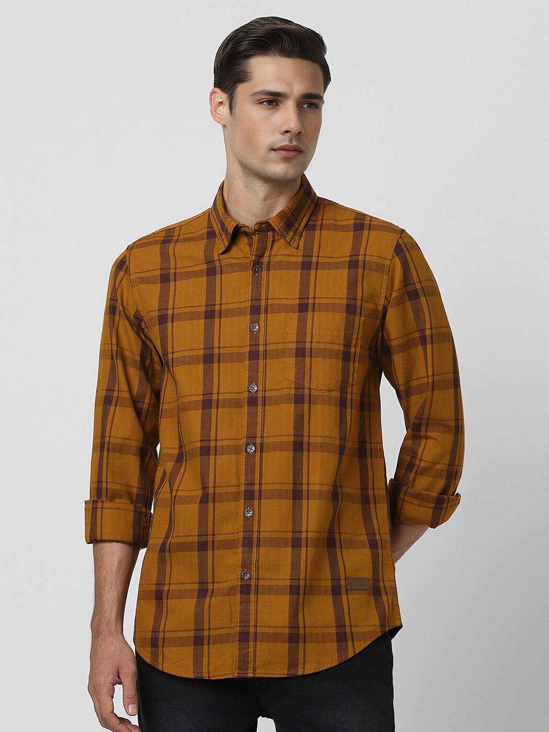 

Peter England Casuals Spread Collar Long Sleeves Slim Fit Cotton Checked Casual Shirt, Yellow