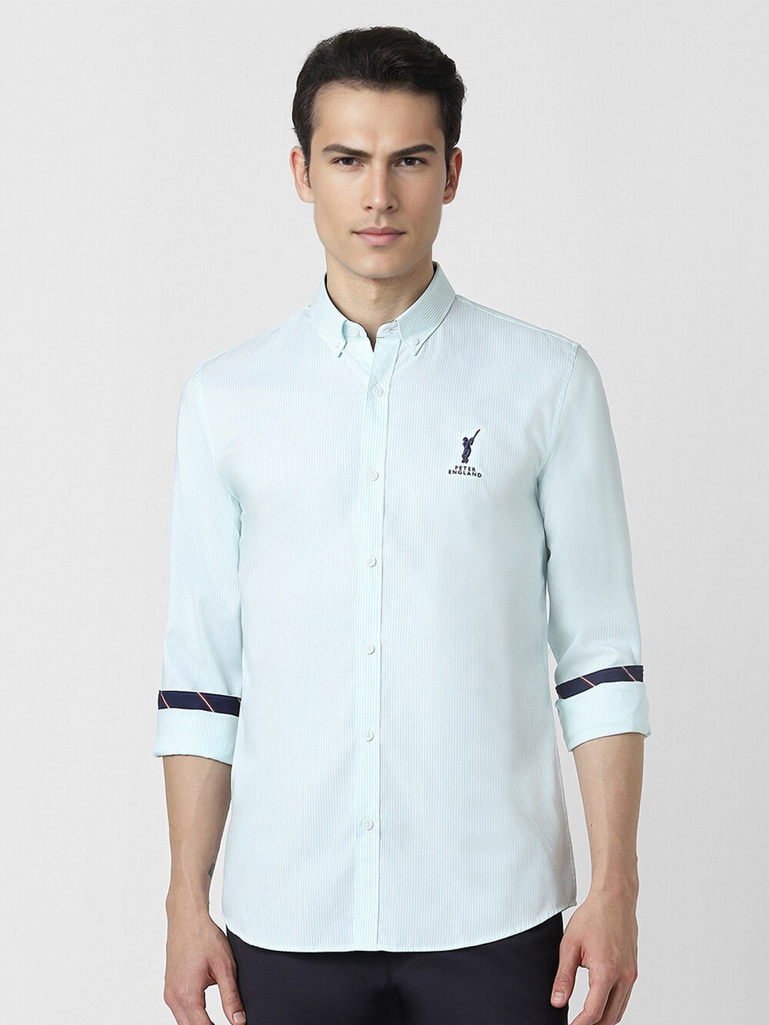 

Peter England Casuals Button Down Collar Long Sleeves Slim Fit Cotton Casual Shirt, Blue