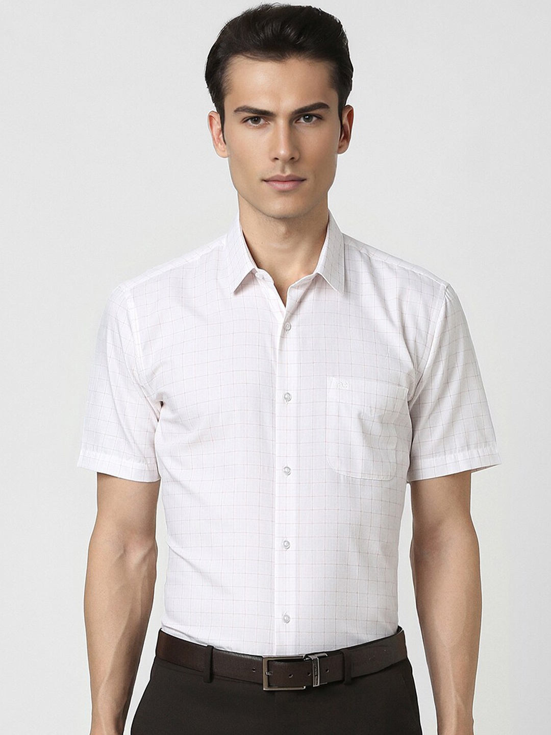 

Peter England Spread Collar Short Sleeves Checked Formal Shirt, White