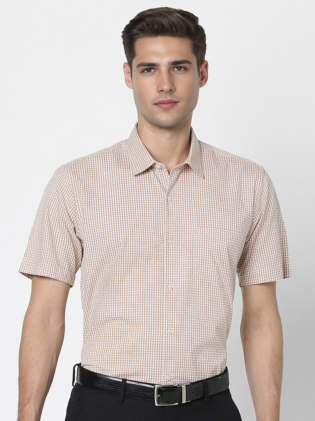 

Peter England Spread Collar Long Sleeves Slim Fit Checked Formal Shirt, Beige