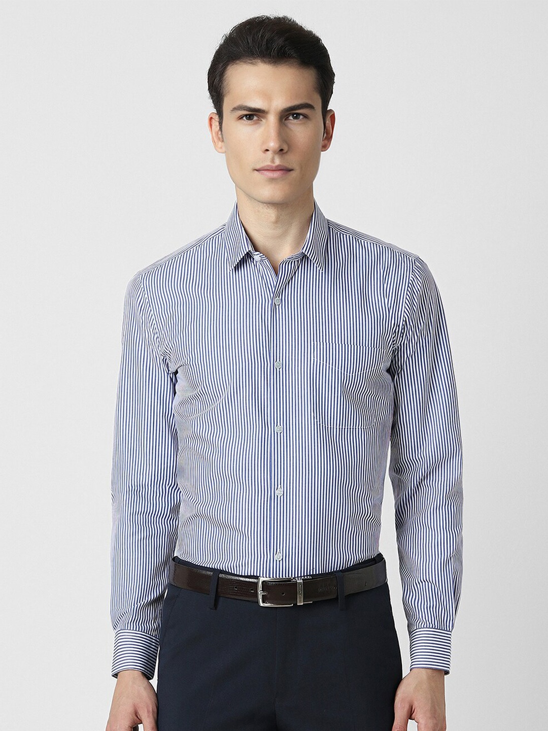 

Peter England Spread Collar Long Sleeves Slim Fit Striped Formal Shirt, Blue