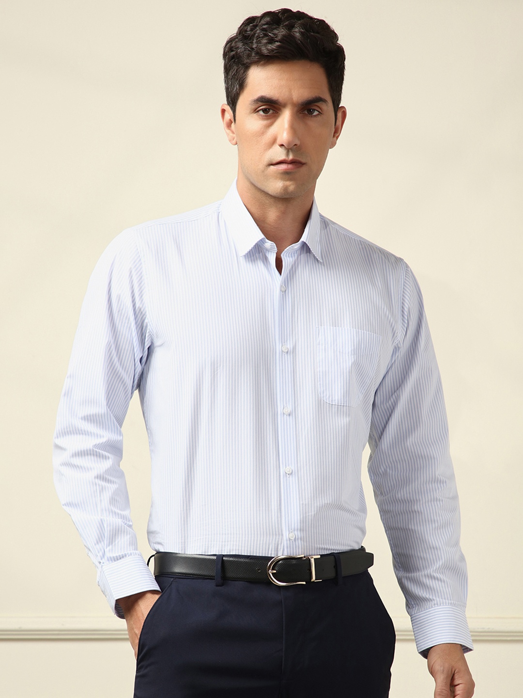 

Peter England Spread Collar Long Sleeves Slim Fit Striped Formal Shirt, Blue