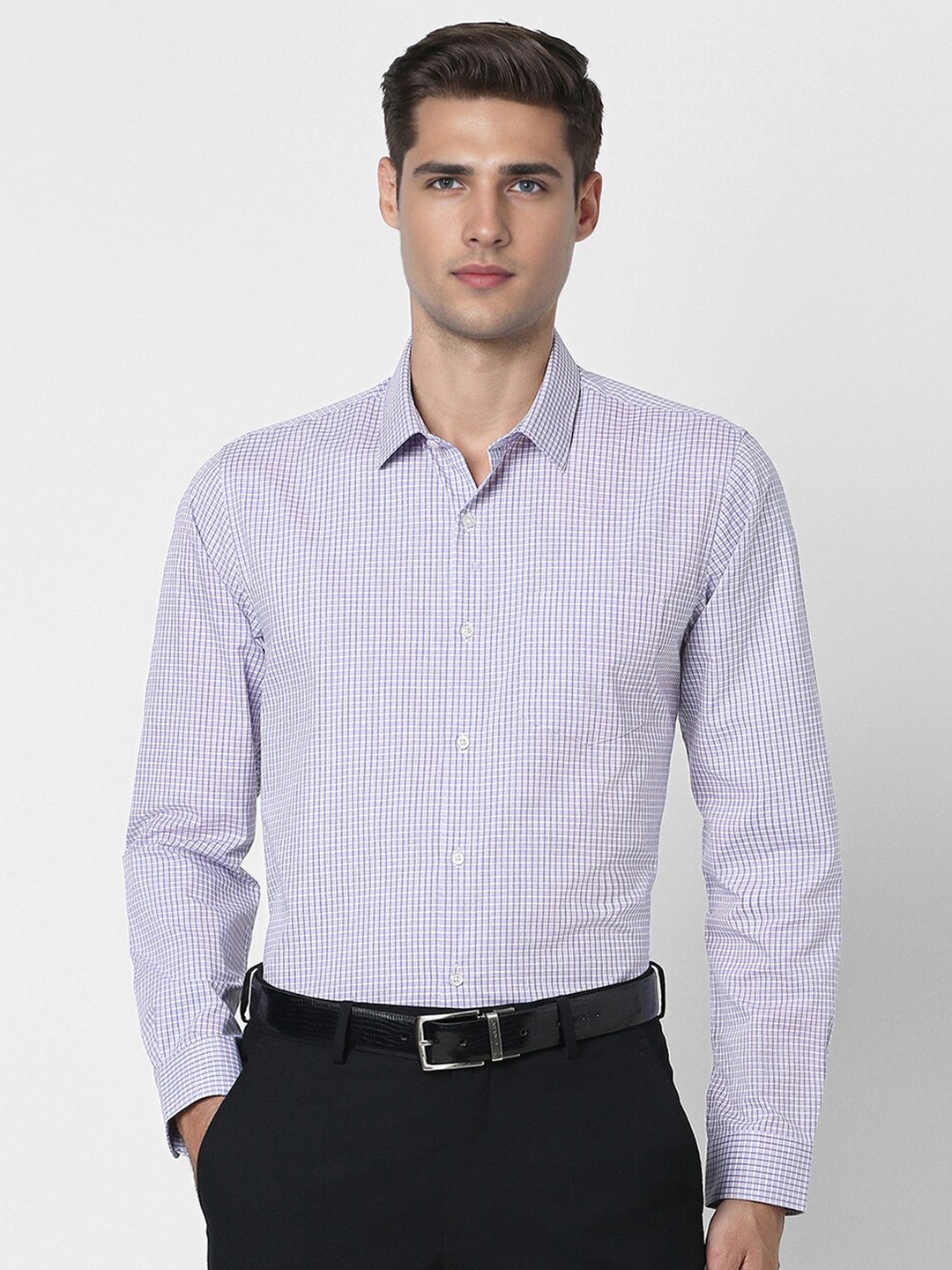 

Peter England Spread Collar Long Sleeves Slim Fit Checked Formal Shirt, Lavender