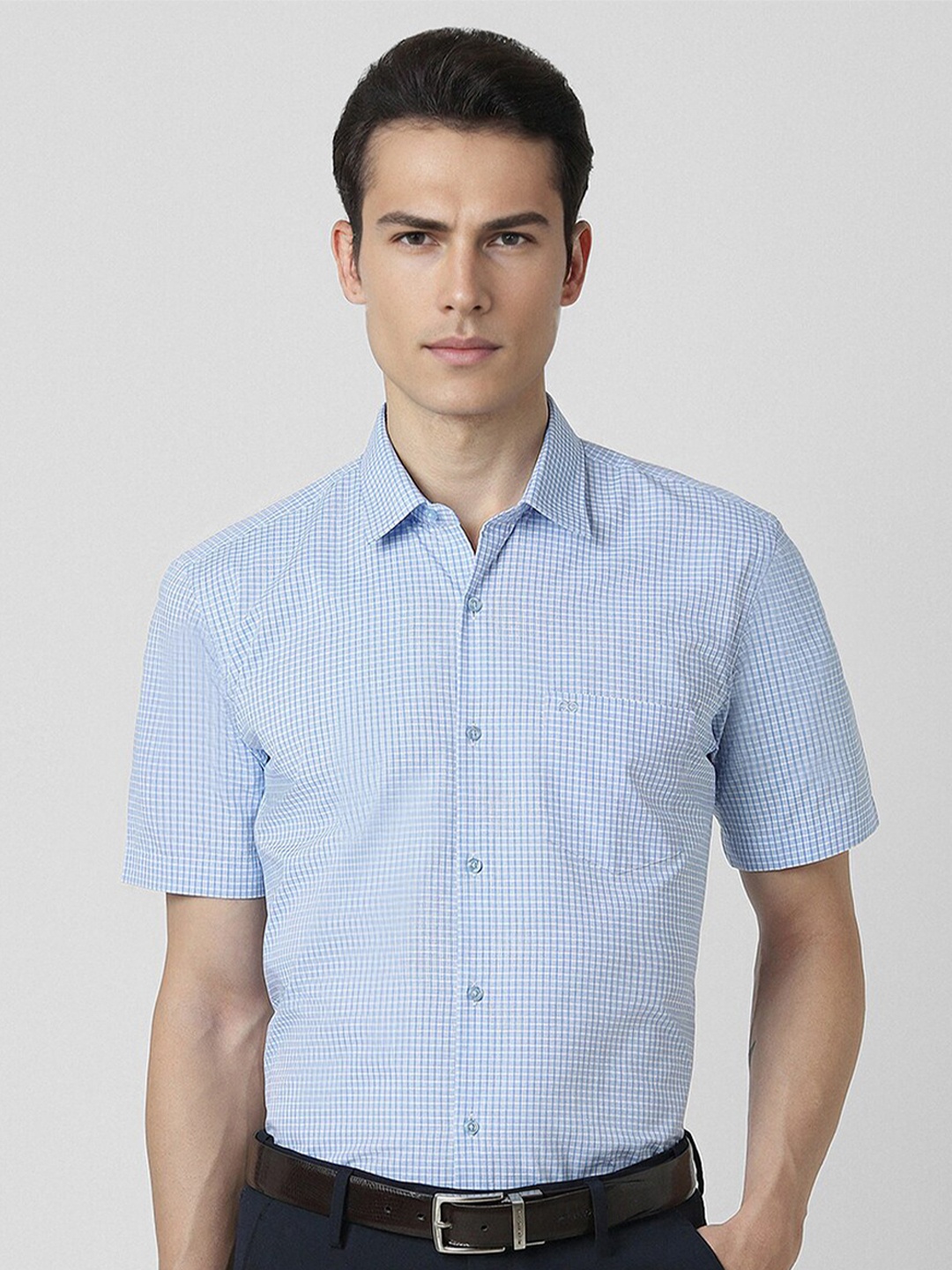

Peter England Spread Collar Short Sleeves Slim Fit Checked Formal Shirt, Blue