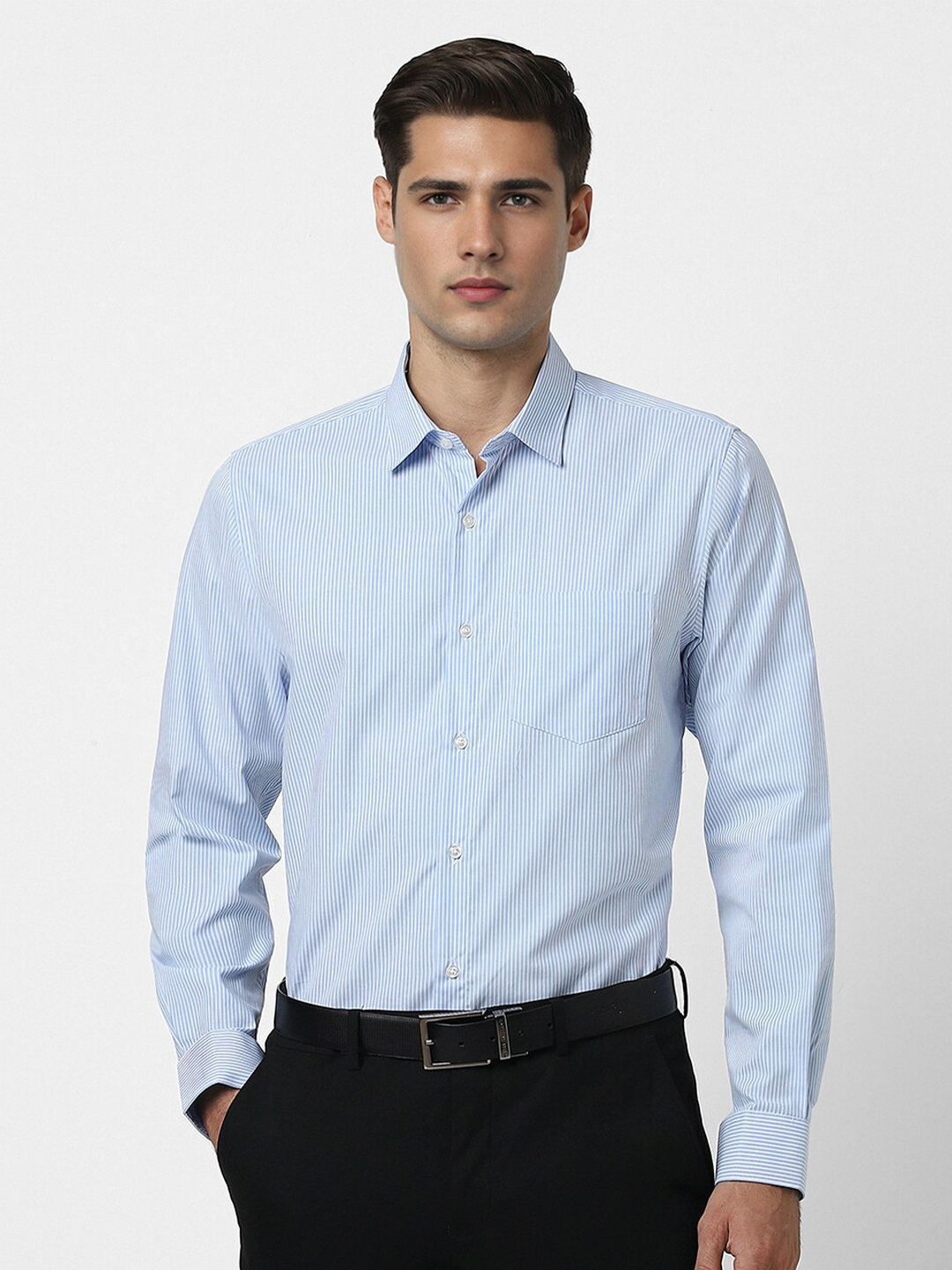 

Peter England Spread Collar Long Sleeves Striped Slim Fit Formal Shirt, Blue