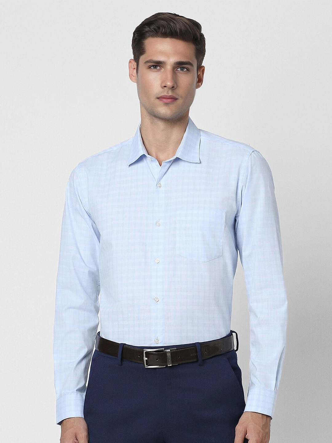 

Peter England Spread Collar Long Sleeves Checked Regular Fit Formal Shirt, Blue