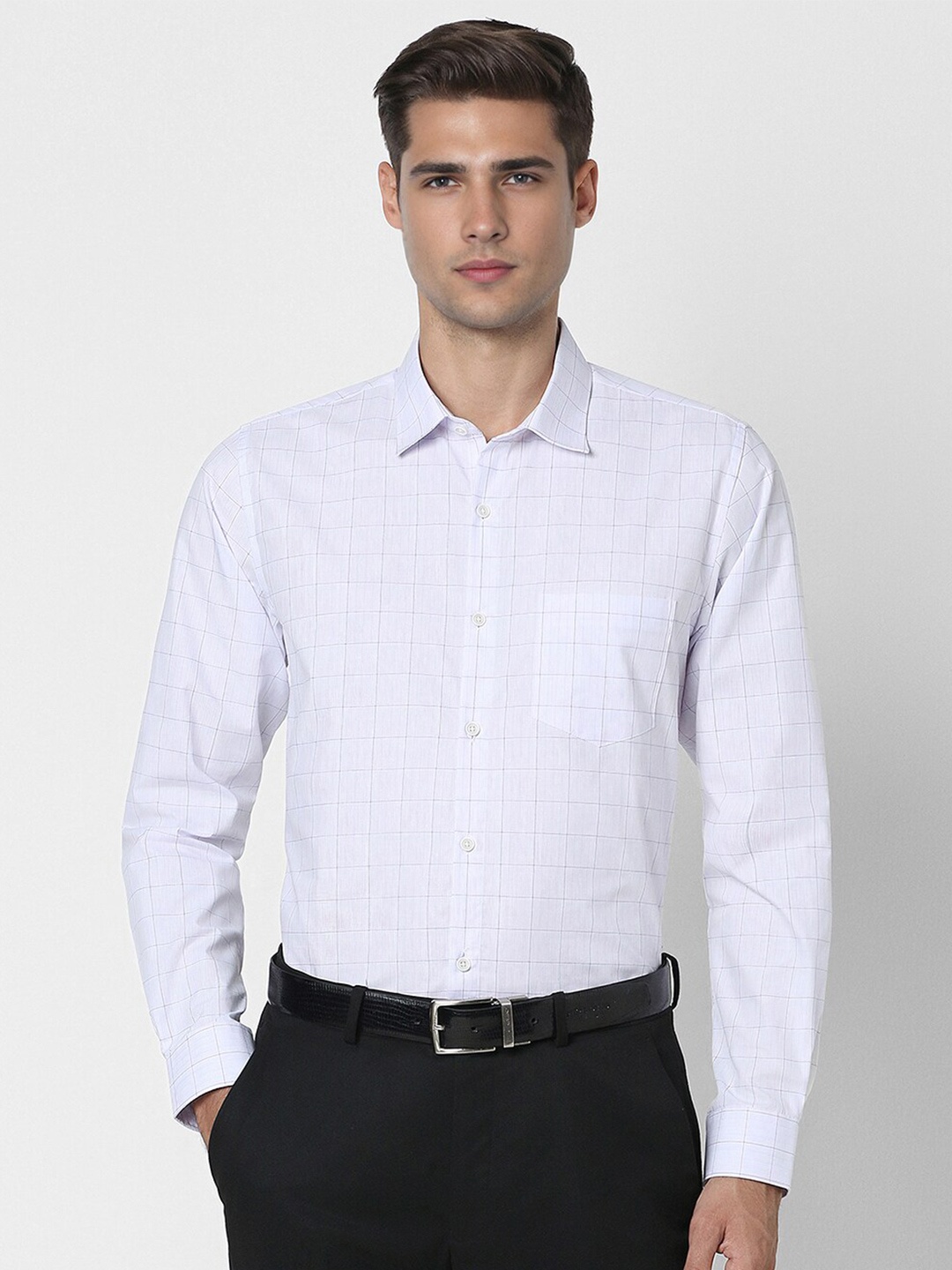 

Peter England Spread Collar Long Sleeves Slim Fit Checked Formal Shirt, White