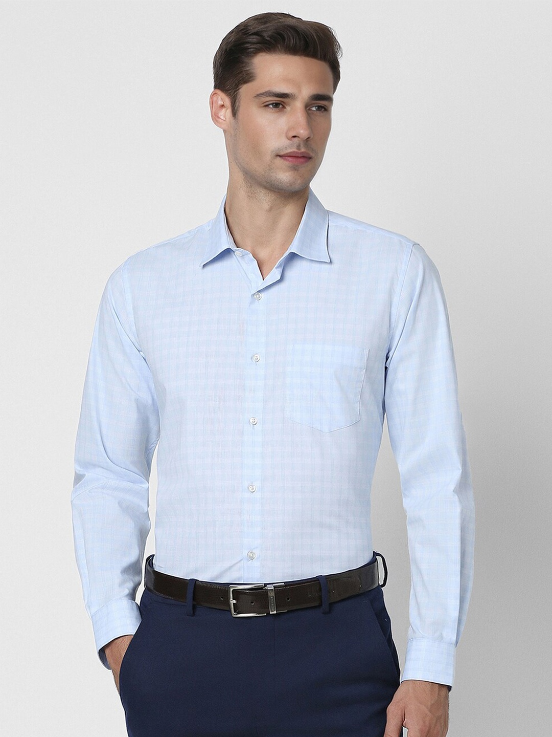 

Peter England Spread Collar Long sleeves Slim Fit Checked Formal Shirt, Blue