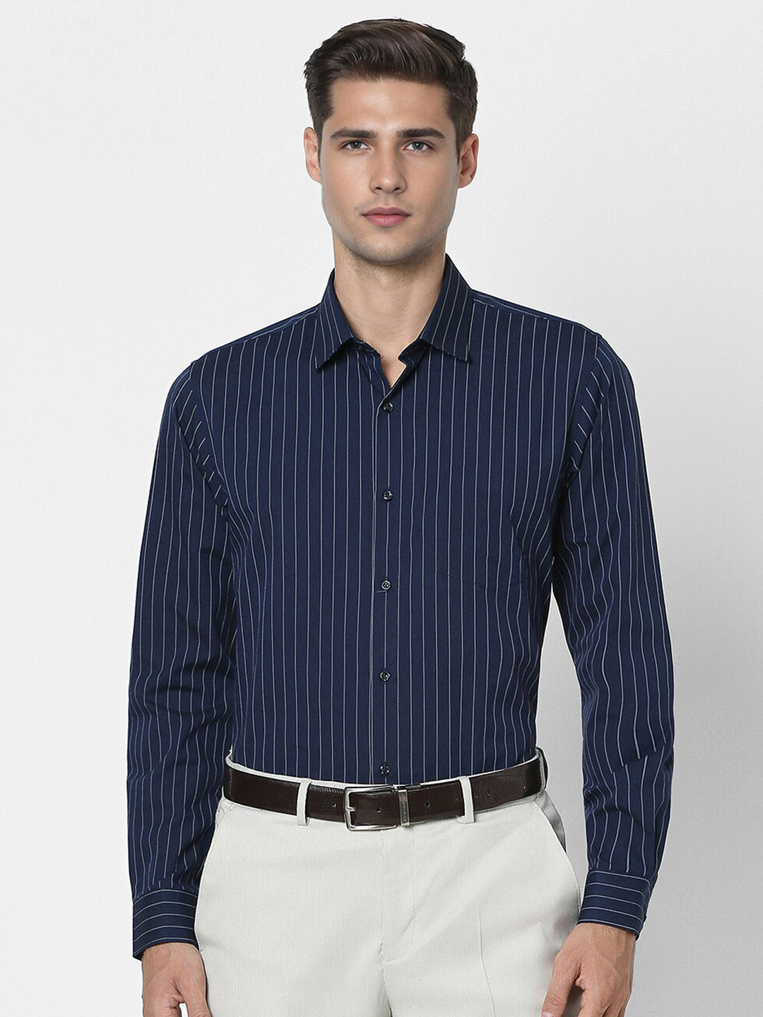 

Peter England Slim Fit Opaque Vertical Striped Cotton Formal Shirt, Navy blue