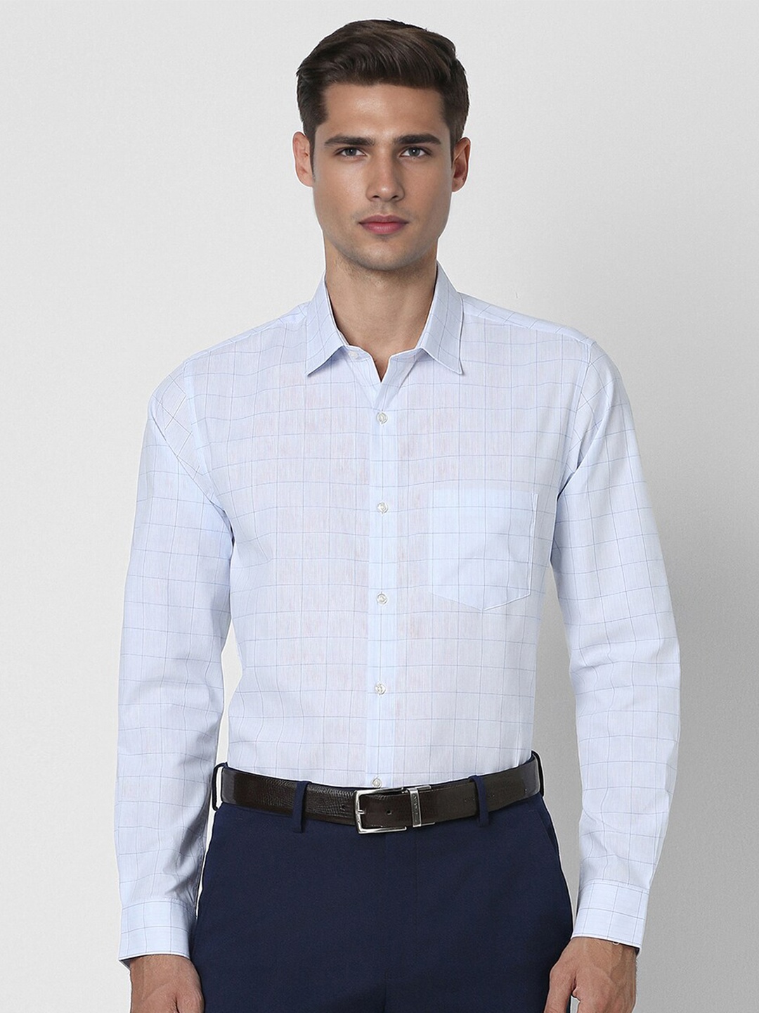 

Peter England Slim Fit Opaque Windowpane Checked Cotton Formal Shirt, Blue