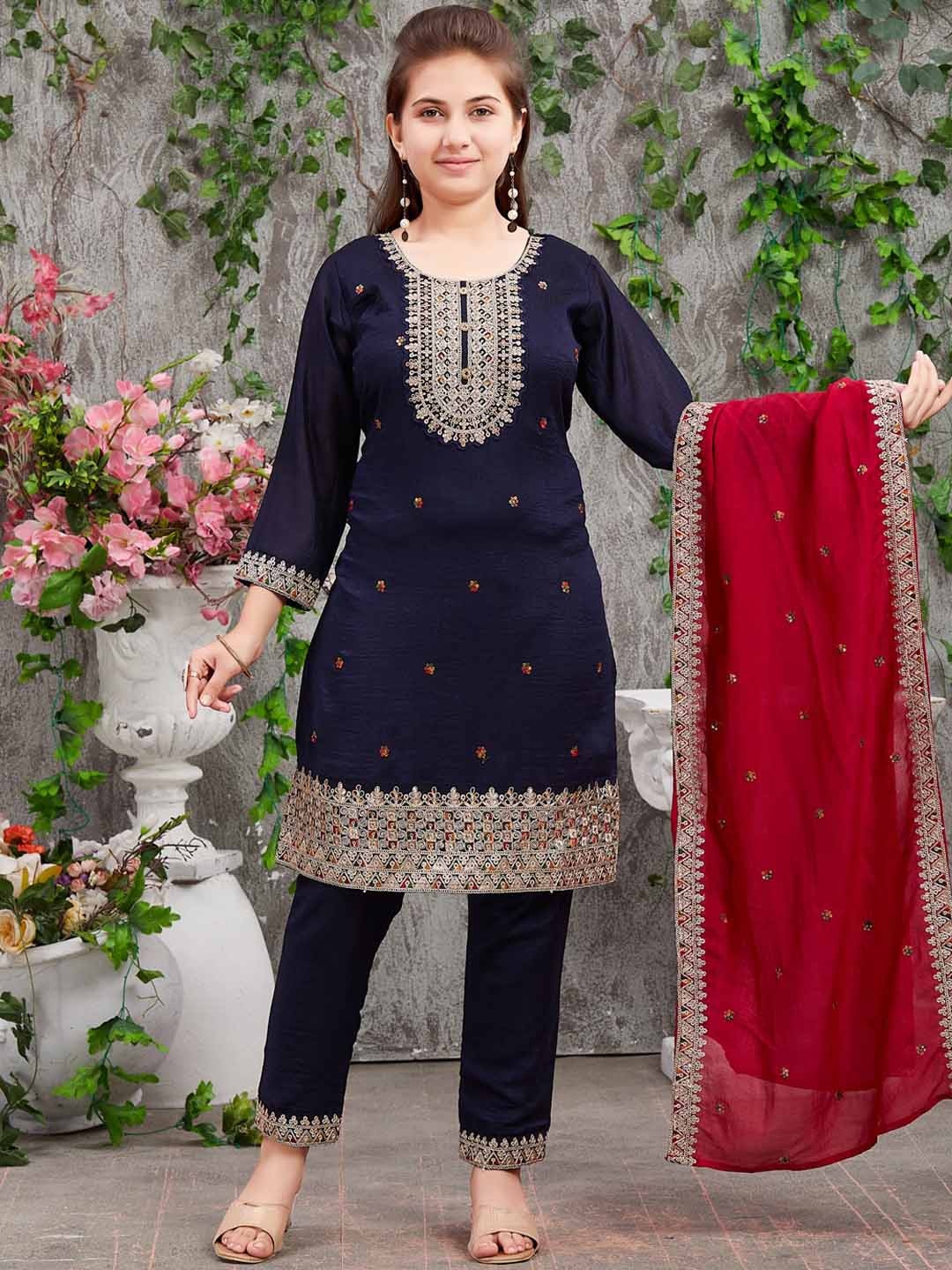 

Aarika Girls Floral Embroidered Thread Work Pure Silk Kurta With Trousers & Dupatta, Navy blue