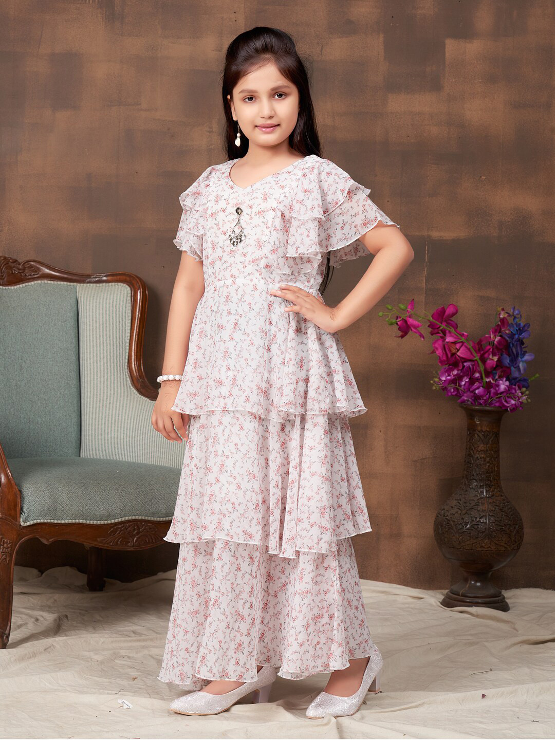 

Aarika Girls Floral Print V-Neck Flared Sleeve A-Line Dress, White