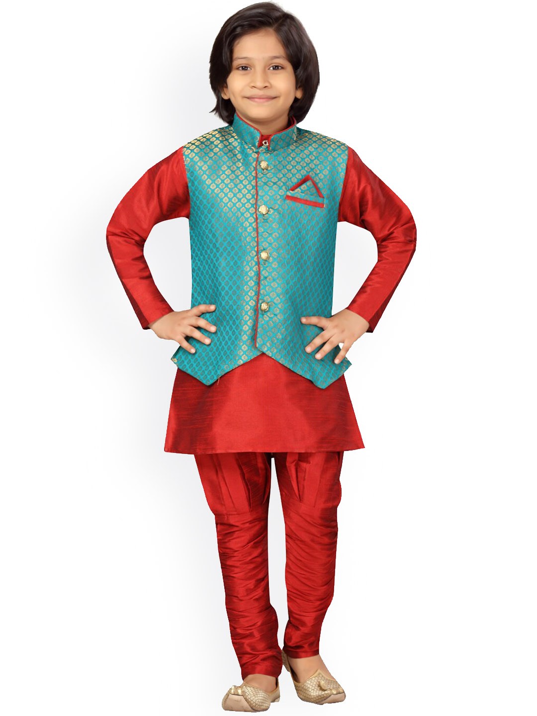 

Aarika Boys Mandarin Collar Kurta With Churidar & Nehru Jacket, Maroon