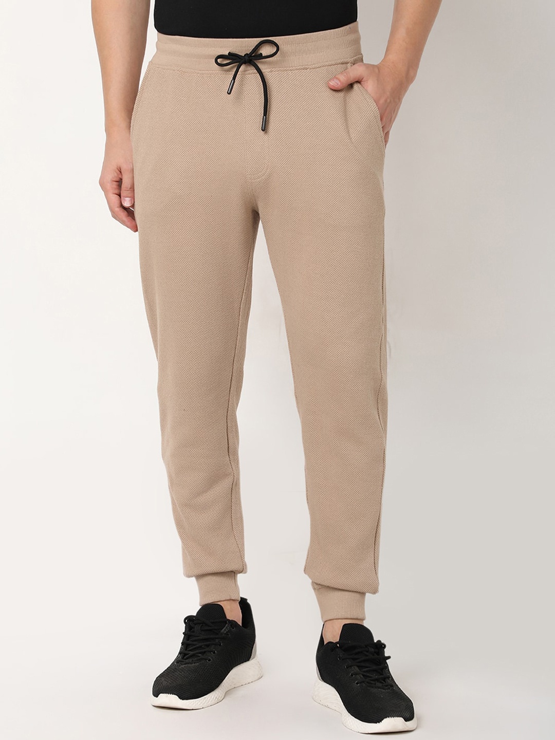 

R&B Men Loose Fit Mid-Rise Cotton Joggers Trouser, Beige
