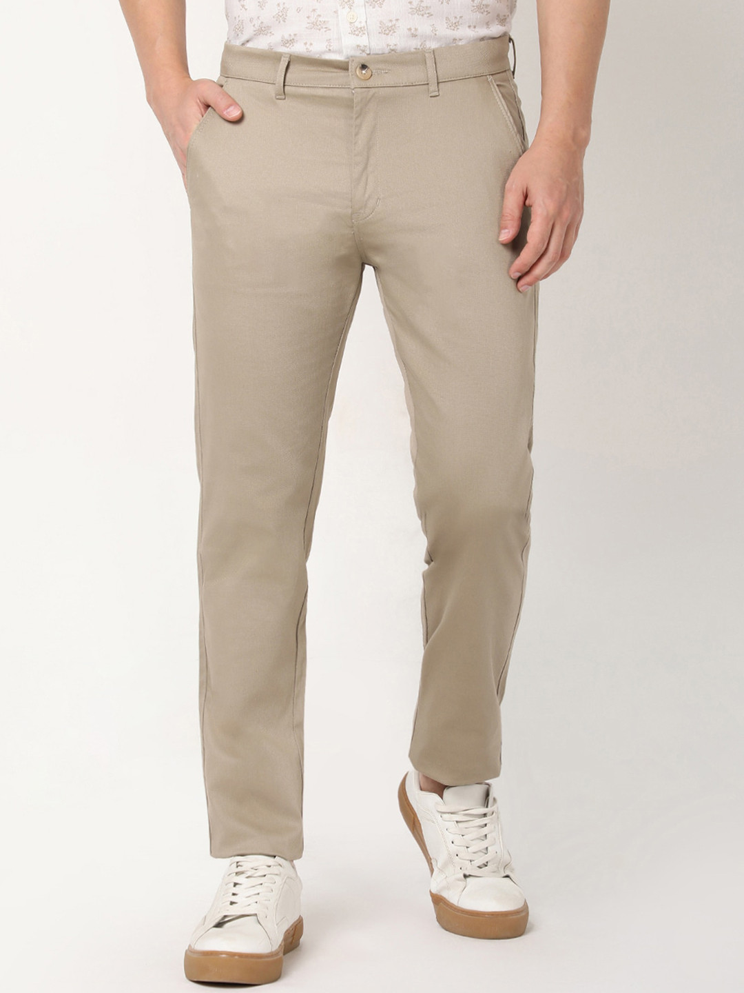 

R&B Men Slim Fit Cotton Casual Trousers, Khaki