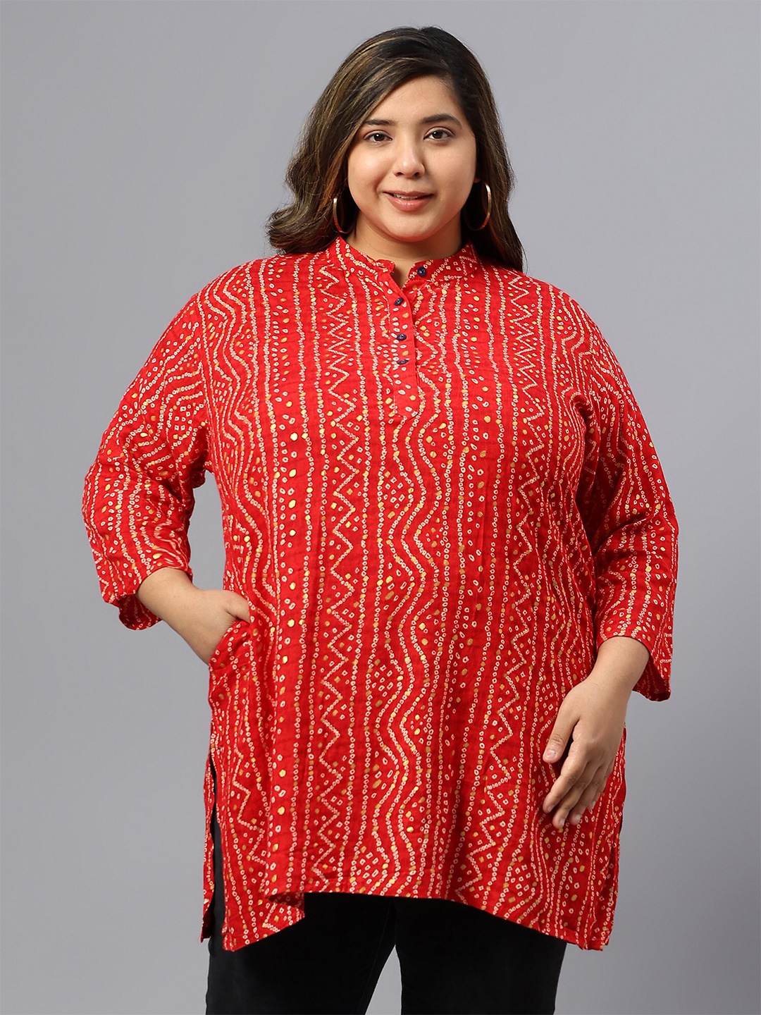 

Indietoga Plus Size Print Mandarin Collar Three-Quarter Sleeves Longline Top, Red